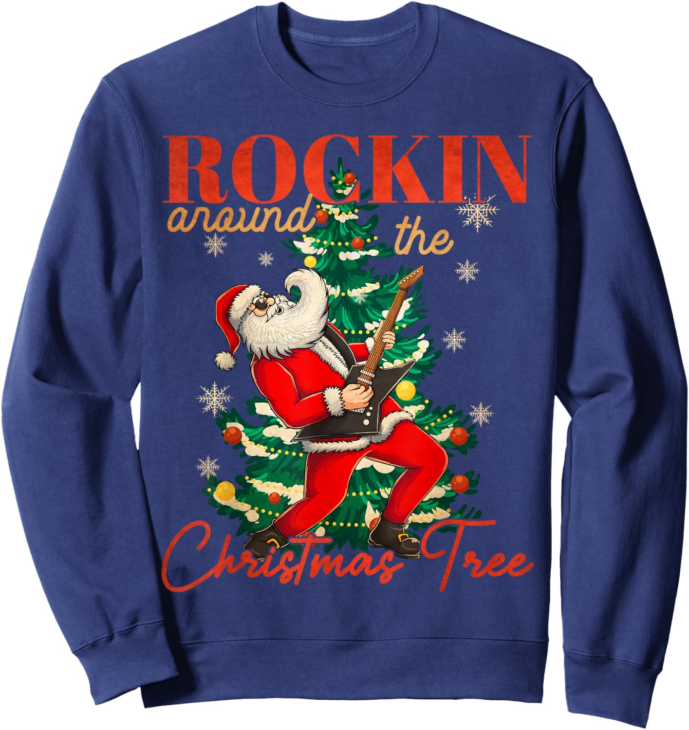 Rocking Around The Christmas Tree Santa Rock and Roll Guitar Sweatshirt - Sweatshirt | Navy
