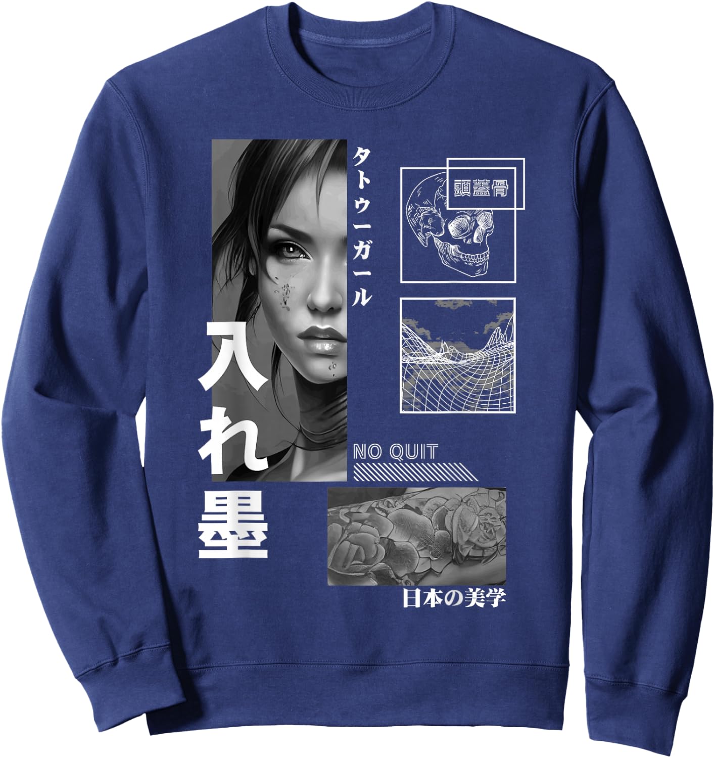 Japanese Aesthetic Girl Flower Tattoo Tokyo Streetwear Sweatshirt - Sweatshirt | Navy