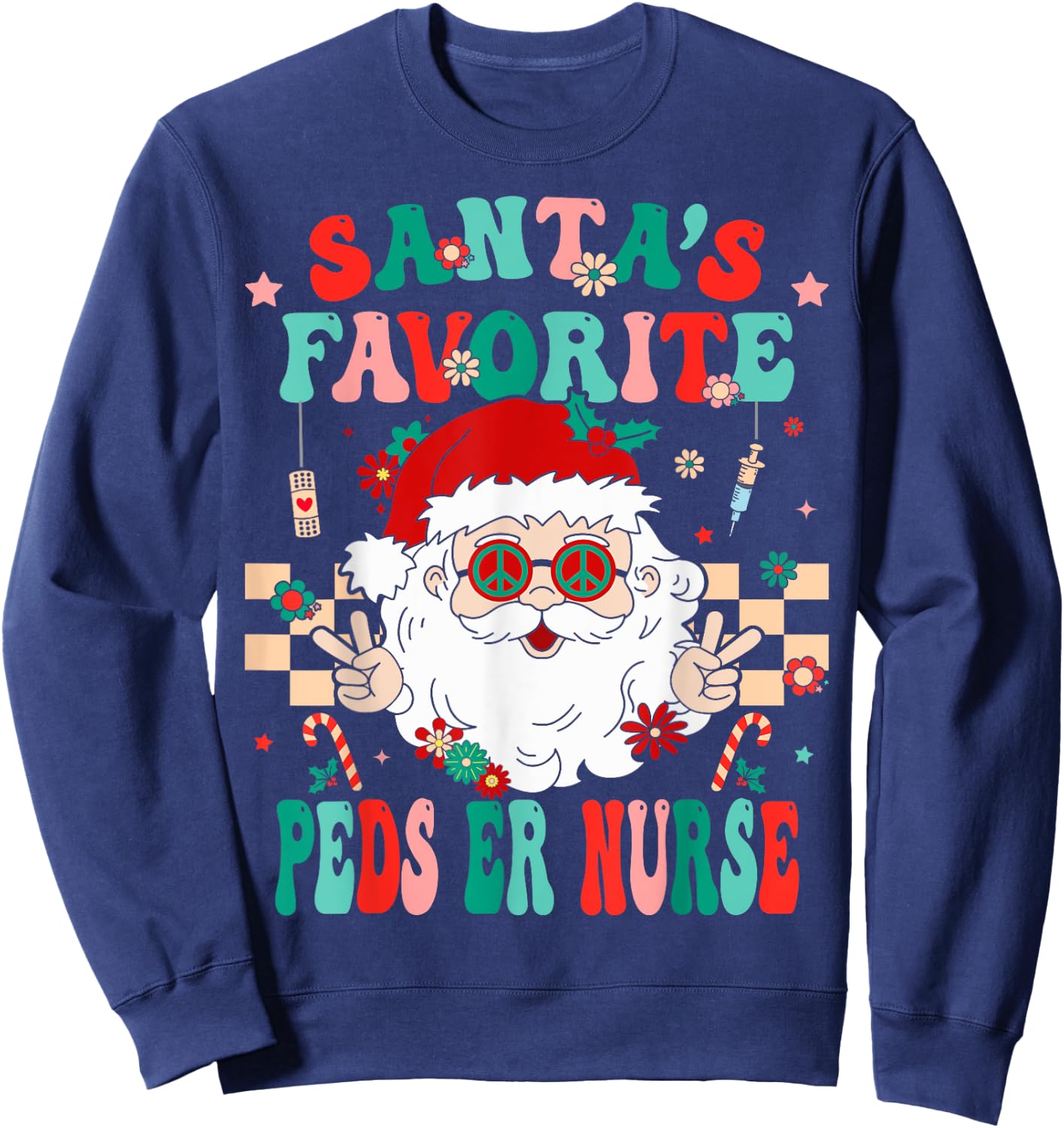 Santa Favorite Peds ER Nurse Retro Groovy Nurse Christmas Sweatshirt - Sweatshirt | Navy