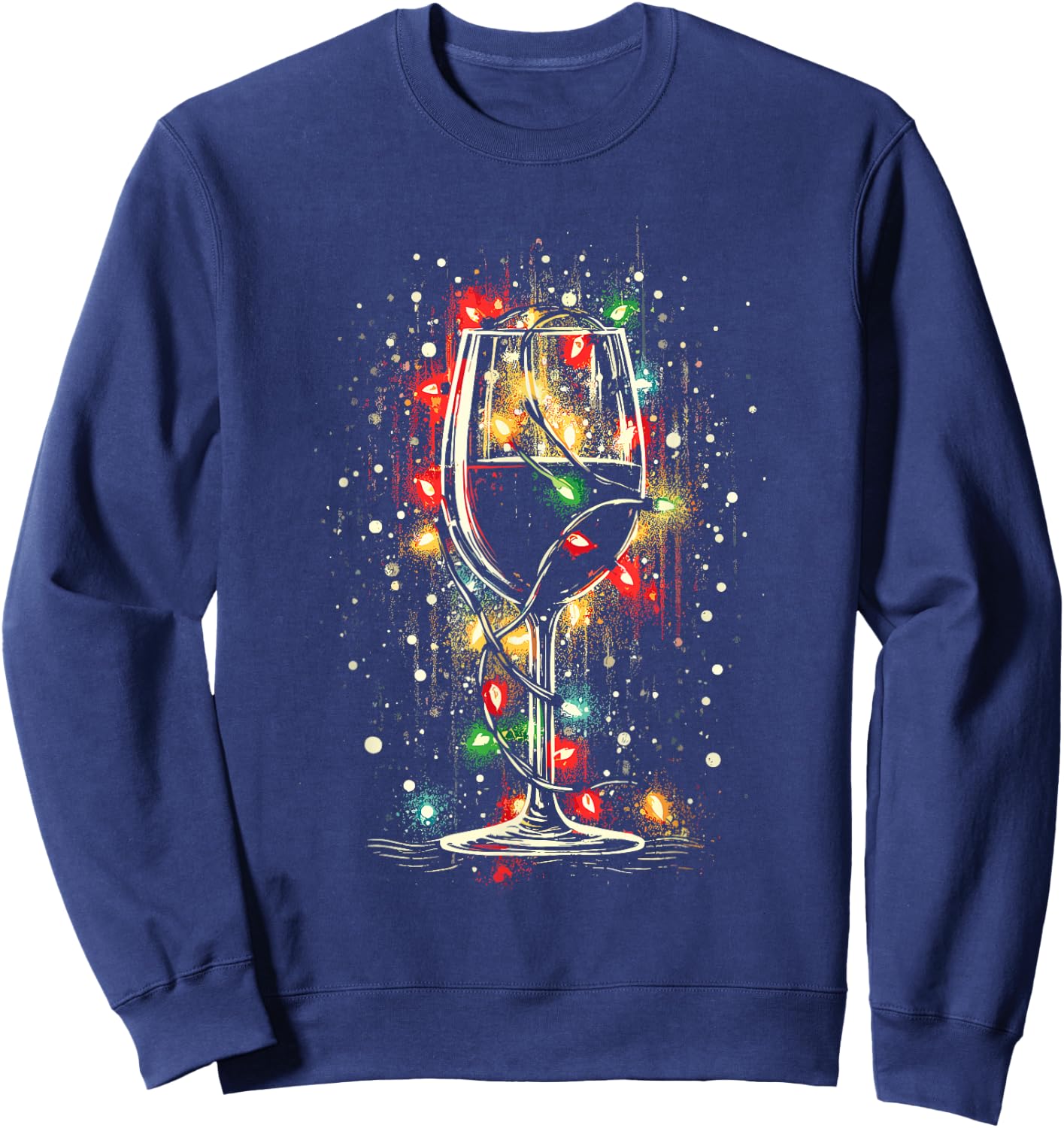 Glass Of Wine With Christmas Lights - Vintage Xmas Lover Sweatshirt - Sweatshirt | Navy
