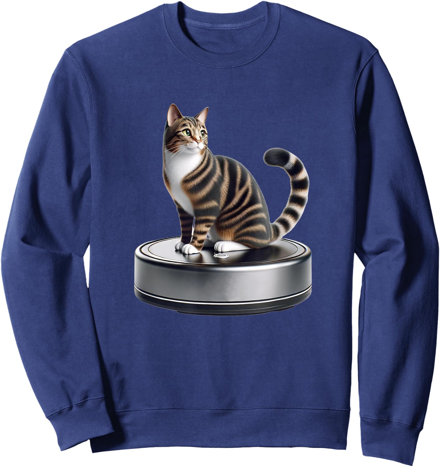 Feline Animal Friends Apparel for Cat Enthusiasts Robotic Toy Vacuum Cleaner Kitten Lover Cute Cat , Small Sweatshirt - Sweatshirt | Navy