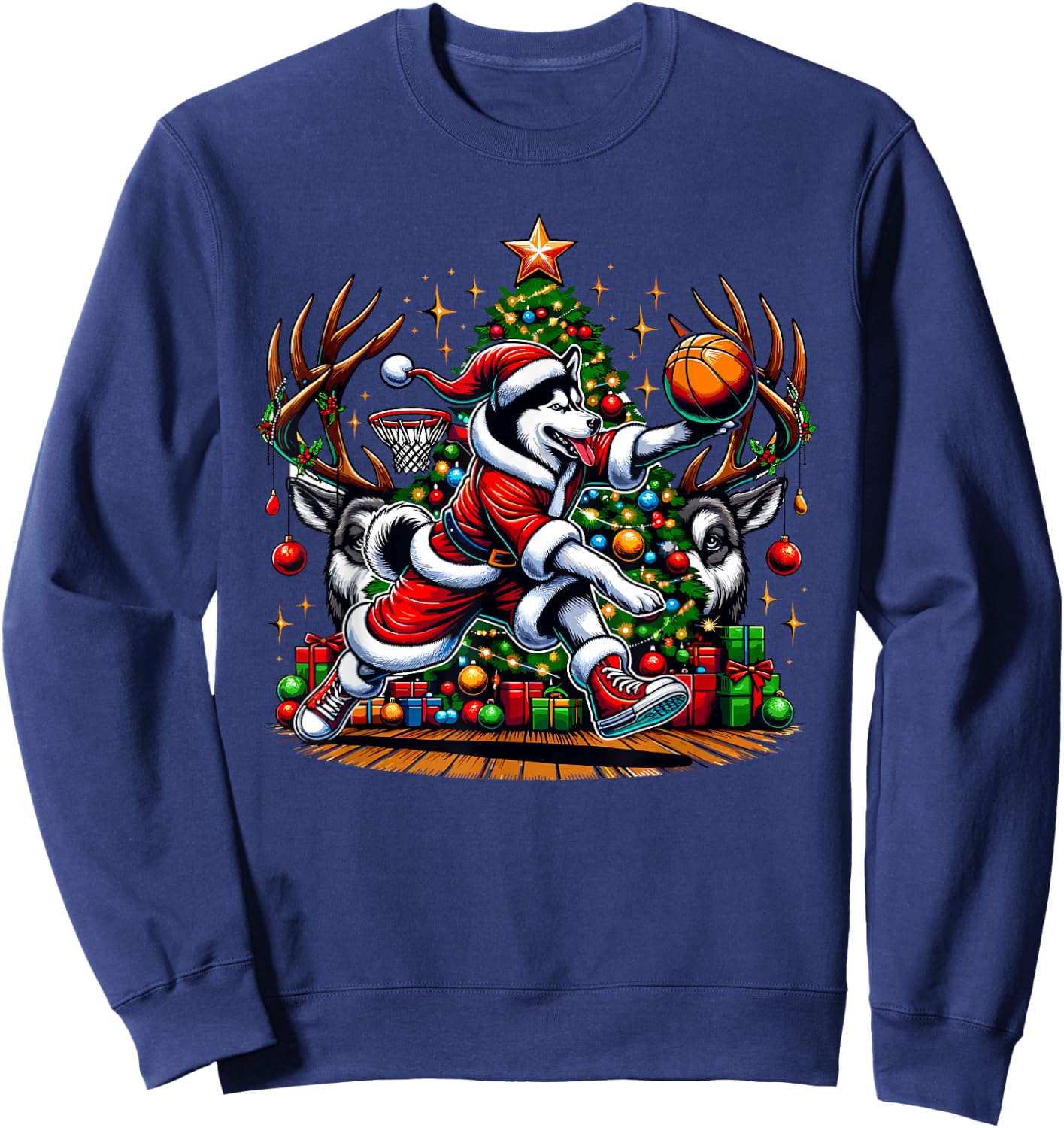 Funny Santa Siberian Husky Dog Play Basketball Christmas Sweatshirt - Sweatshirt | Navy