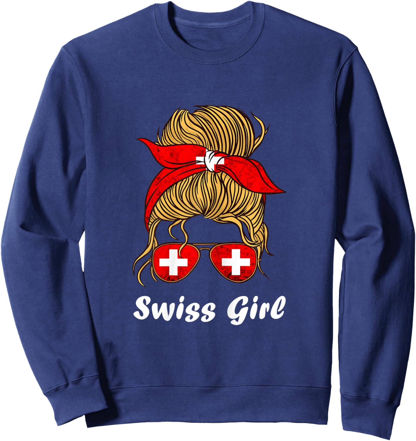 Swiss Girl Woman Sunglass Swiss Pride Swiss Flag Switzerland Sweatshirt - Sweatshirt | Navy