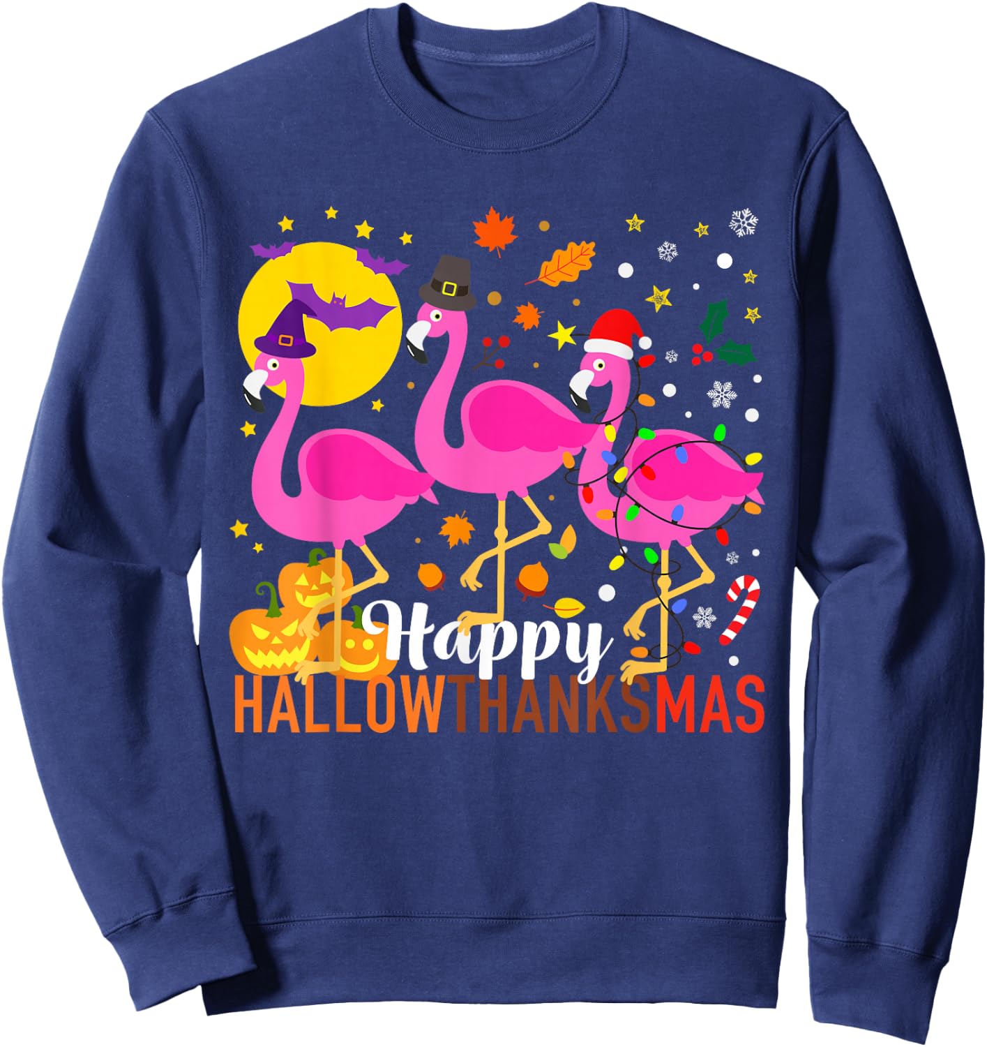 Flamingo Halloween Thanksgiving Christmas HallowThanksMas Sweatshirt - Sweatshirt | Navy
