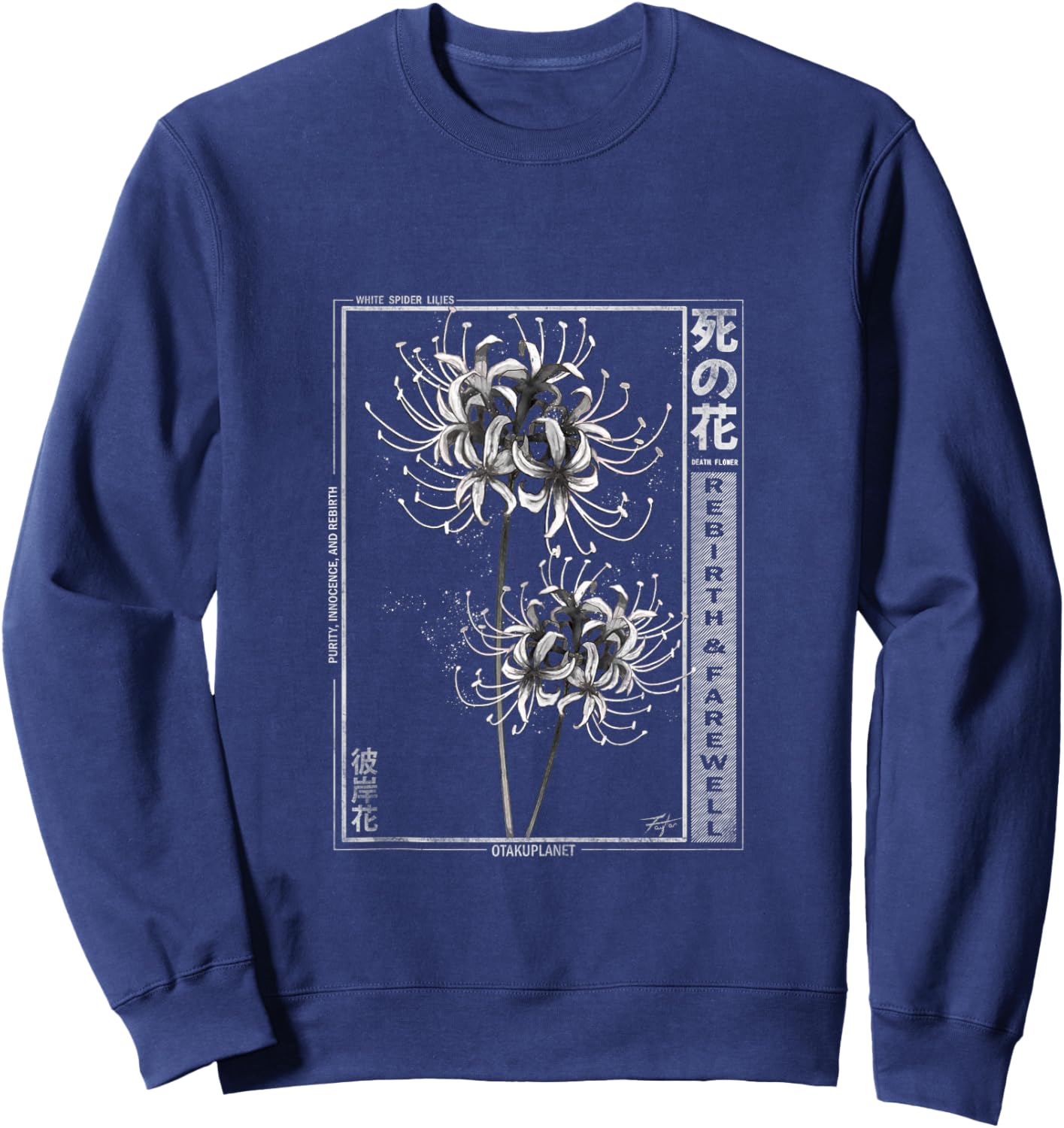 White Spider Lily in Japanese Grunge Anime Floral Aesthetic Sweatshirt - Sweatshirt | Navy