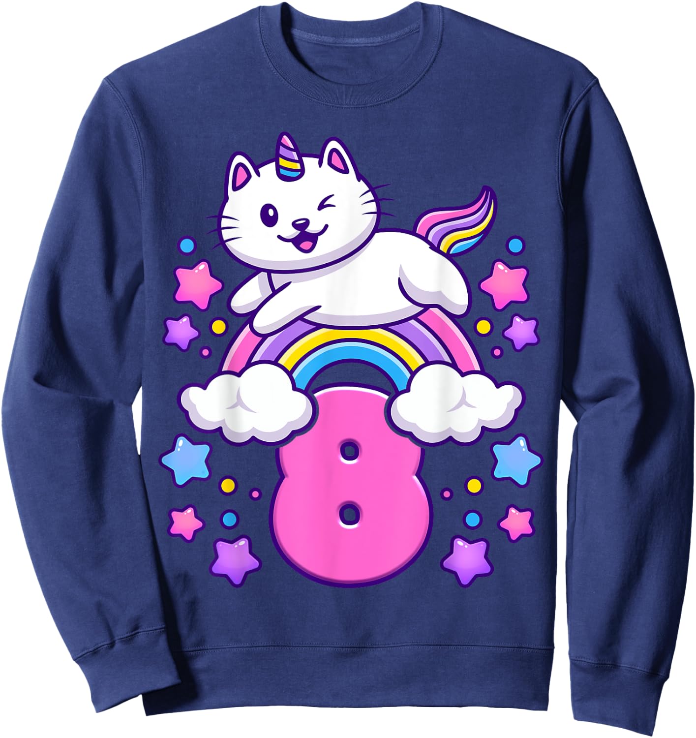 Birthday girl 8 years old, cat, unicorn, 8th birthday Sweatshirt - Sweatshirt | Navy