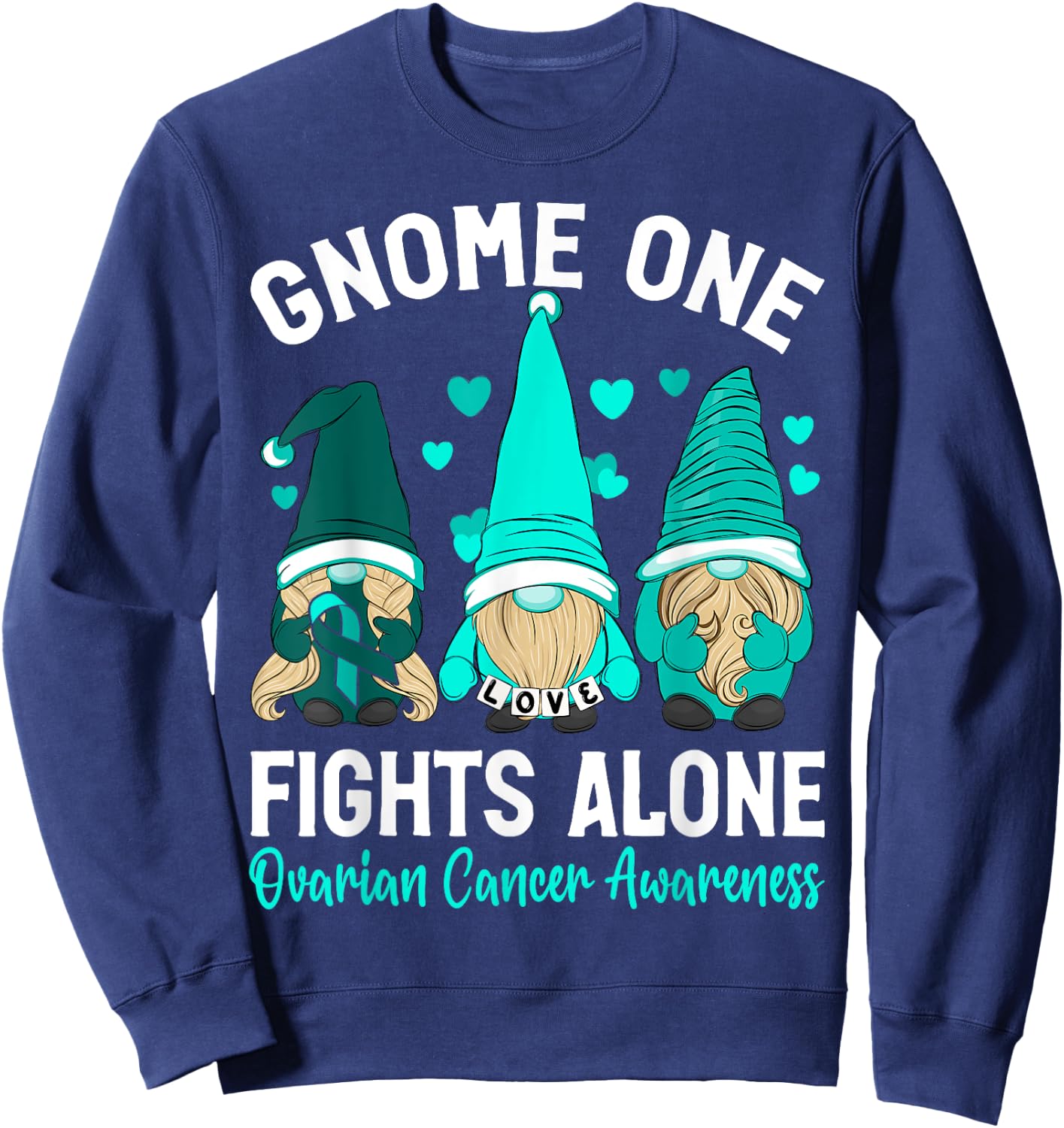 Gnome One Fights Alone Purple Teal Ovarian Awareness Sweatshirt - Sweatshirt | Navy