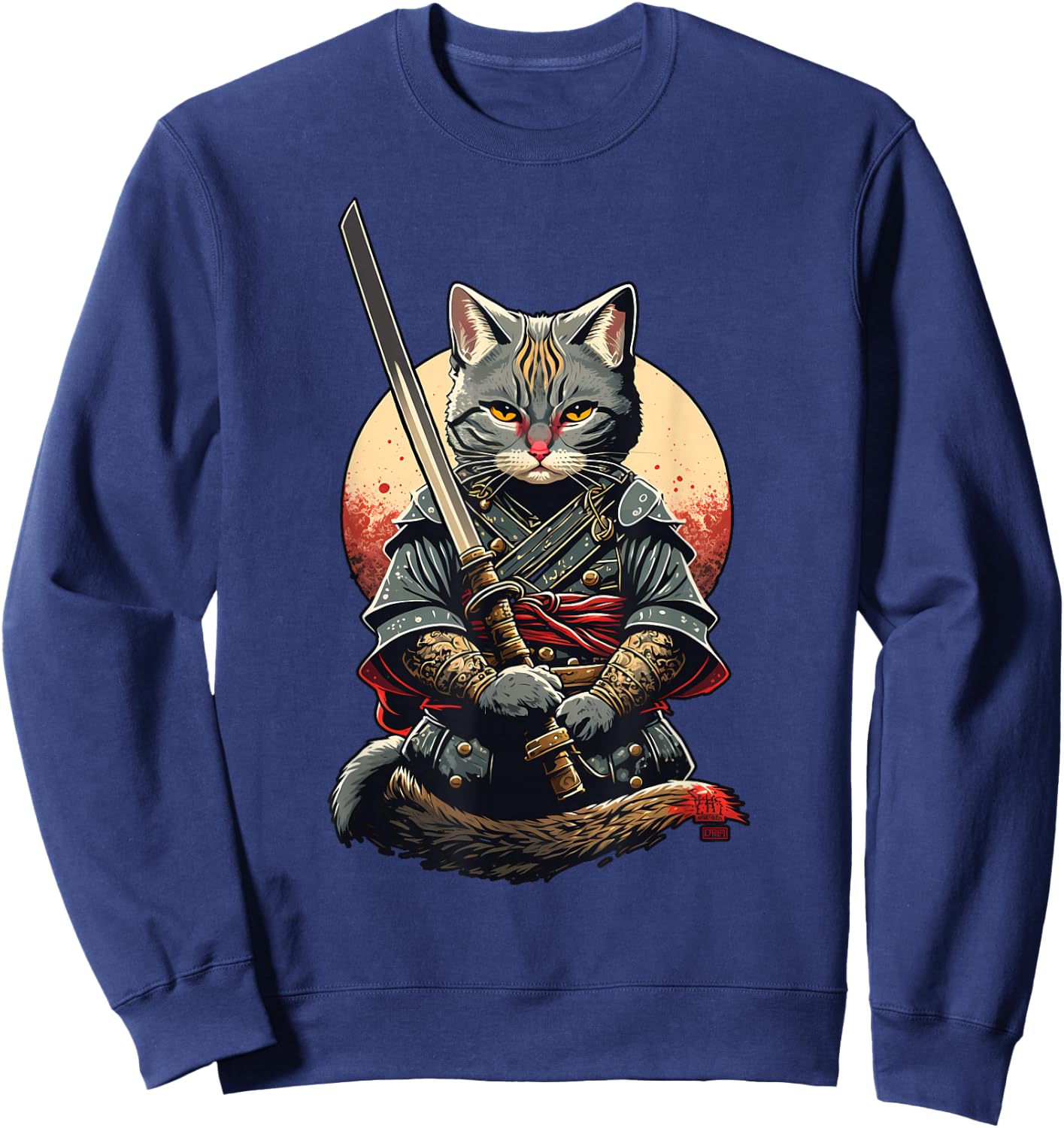 Retro Japanese Warrior Katana Ninja Cat, Samurai Kitten Sweatshirt - Sweatshirt | Navy