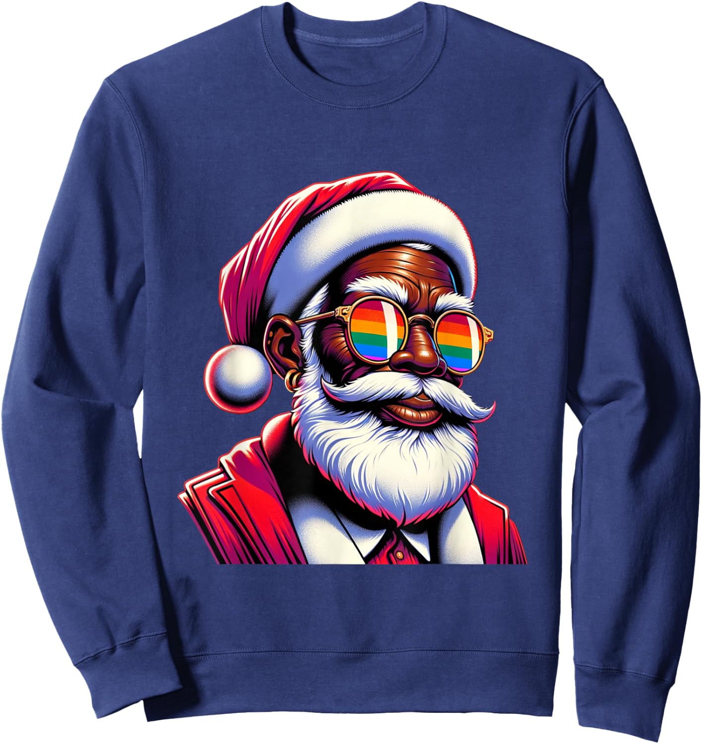 Retro Colored Gay Santa Face Rainbow Sunglasses Christmas Sweatshirt - Sweatshirt | Navy