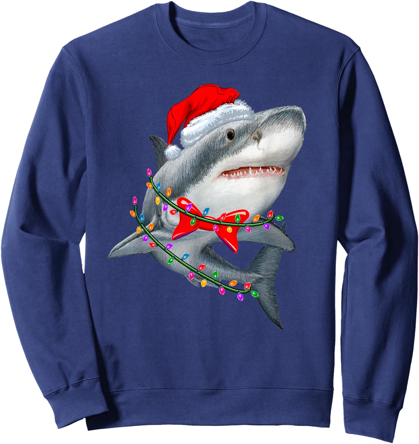 Christmas Lights Shark Wearing Xmas Hat - Cute Shark Lover Sweatshirt - Sweatshirt | Navy