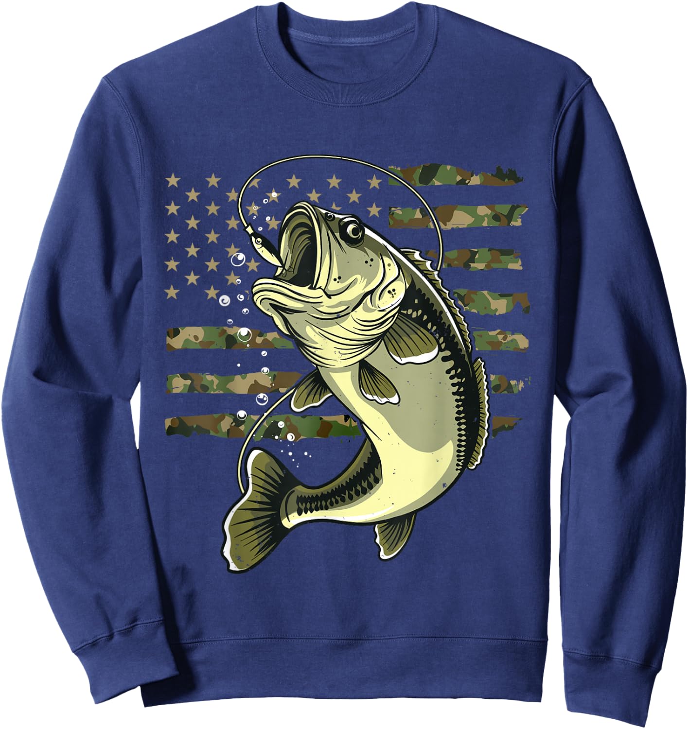 Bass Fish Fishing USA American Flag Camouflage Fisherman Sweatshirt - Sweatshirt | Navy