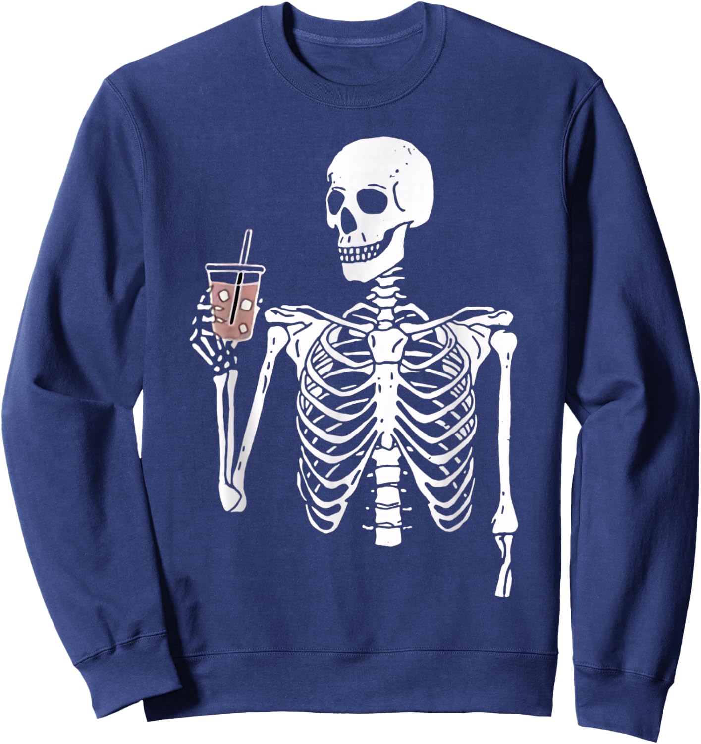 Iced Coffee Skeleton Drinking Funny Halloween Skull Sweatshirt - Sweatshirt | Navy