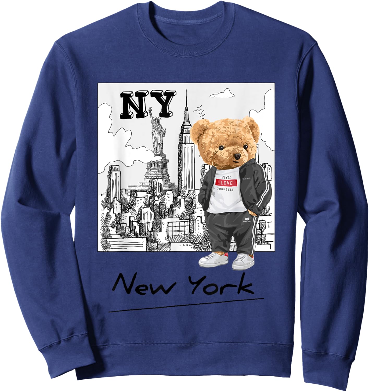 Bahaa's -Kids Graphic Black Small Classic Fit Short Sleeve Summer Graphic Teddy Bear NYC Design Sweatshirt - Sweatshirt | Navy