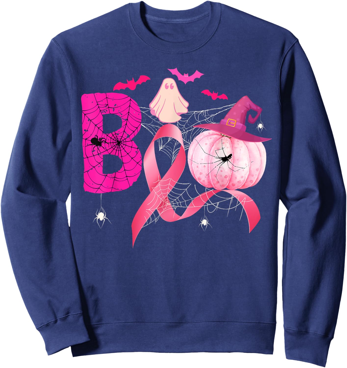 Funny Boo Pumpkin Witch Pink Ribbon Breast Cancer Halloween Sweatshirt - Sweatshirt | Navy