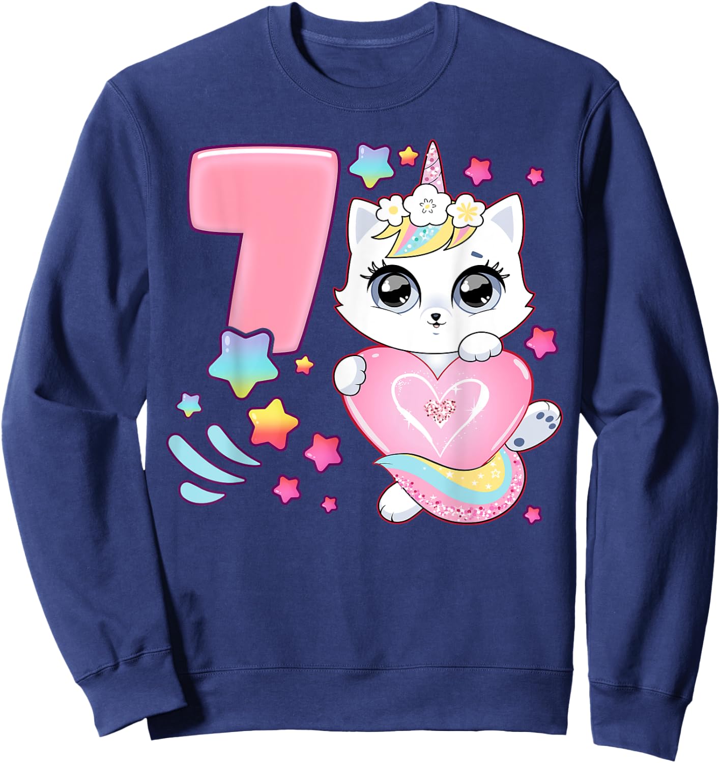 Birthday girl 7 years old, cat, unicorn, 7th birthday Sweatshirt - Sweatshirt | Navy