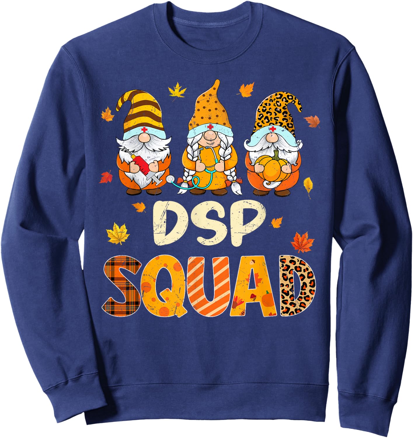 DSP Squad Gnome Nurse Leopard Thanksgiving Fall Stethoscope Sweatshirt - Sweatshirt | Navy