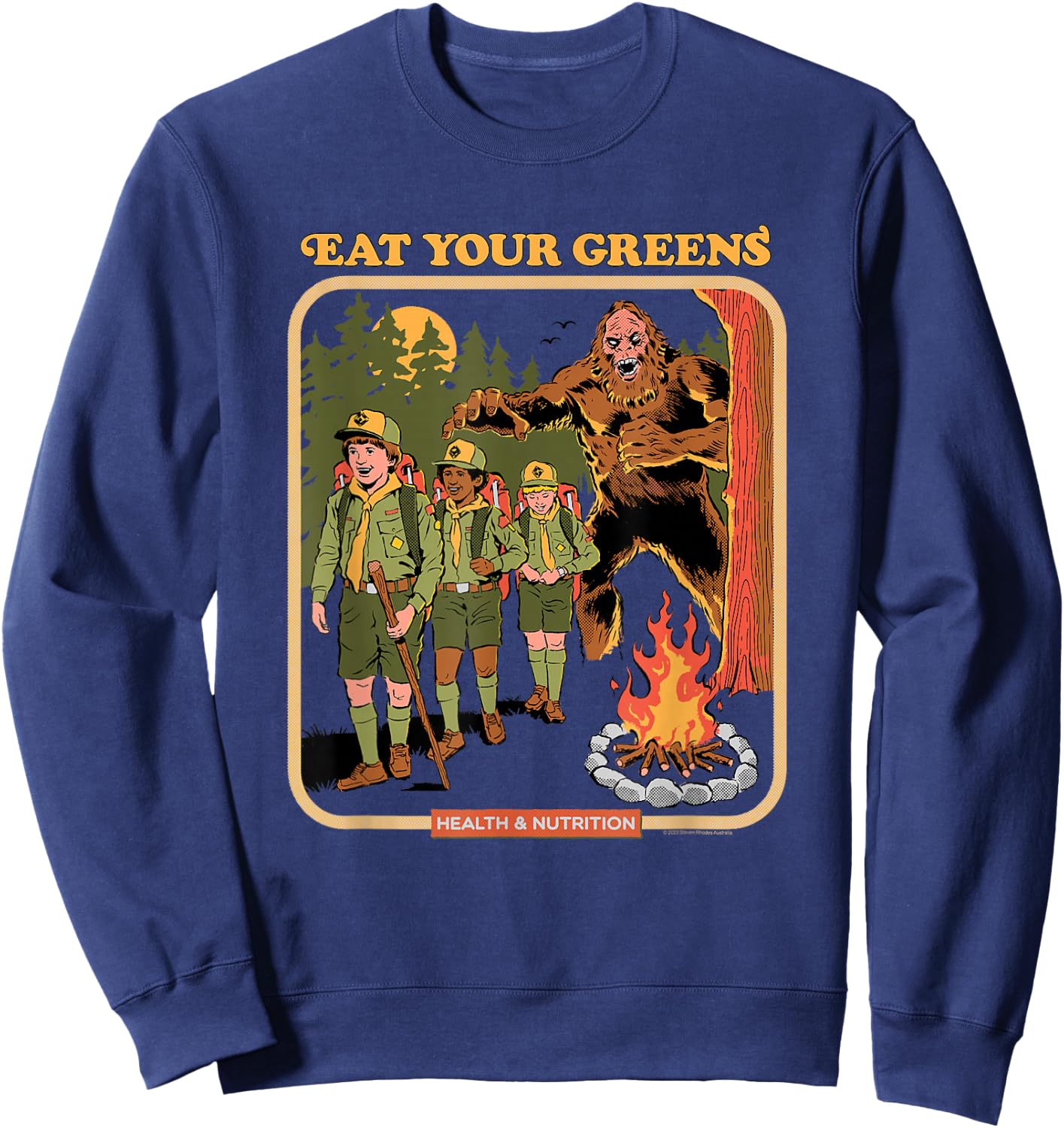 Steven Rhodes Eat Your Greens Bigfoot Retro Dark Humor Sweatshirt - Sweatshirt | Navy