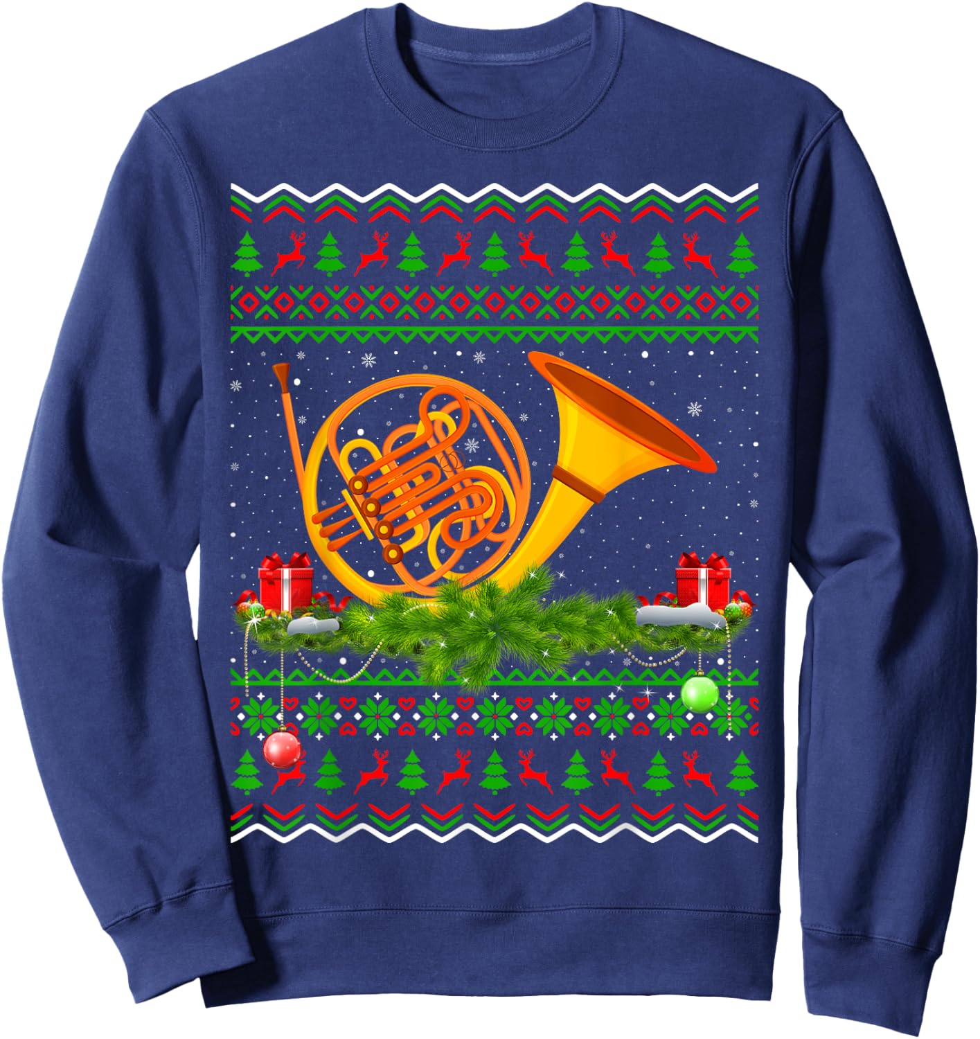 French Horn Musical Xmas Sweater Ugly French Horn Christmas Sweatshirt - Sweatshirt | Navy