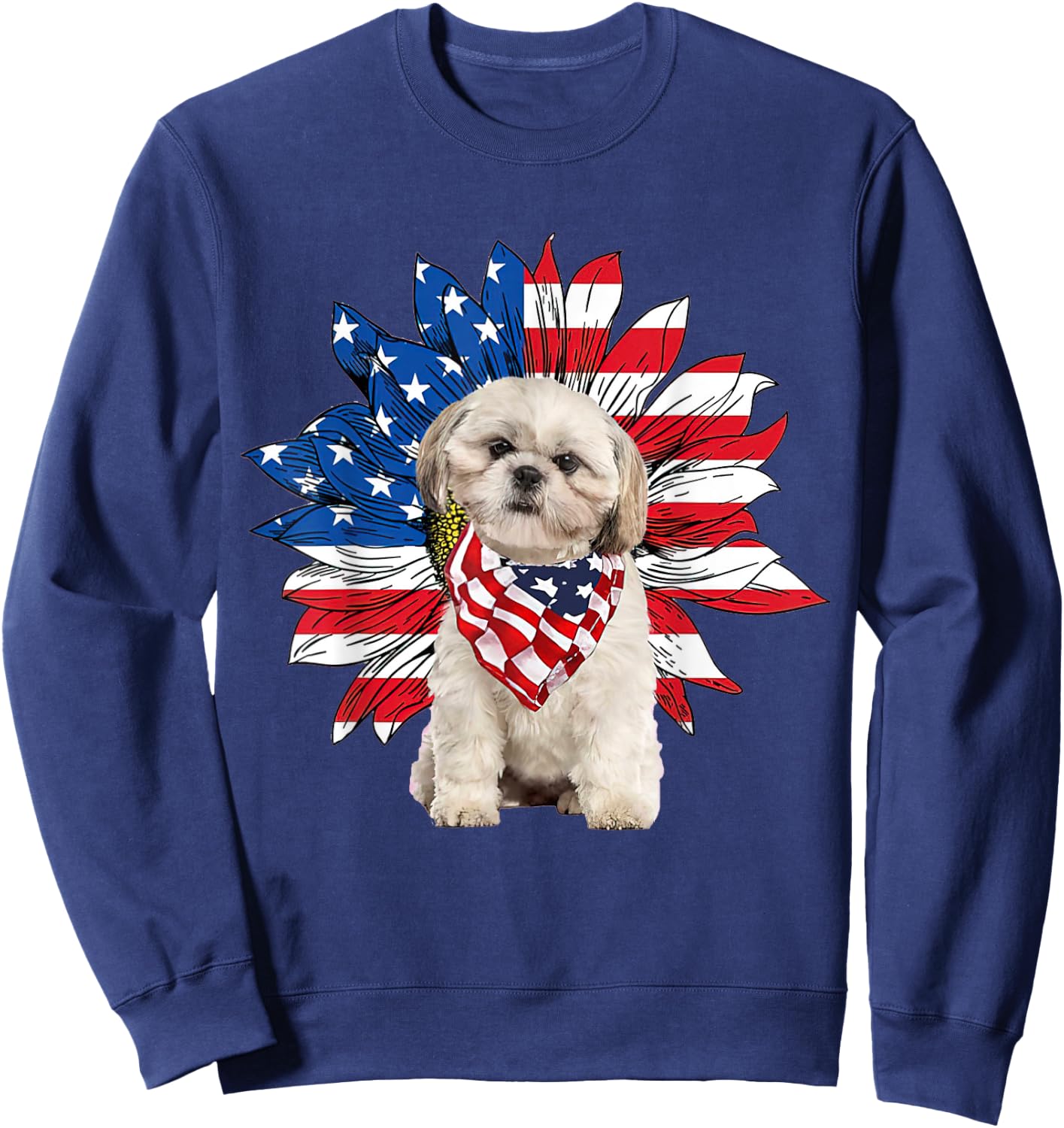 Shih Tzu American Flag Sunflower Dog Lovers 4th Of July Sweatshirt - Sweatshirt | Navy