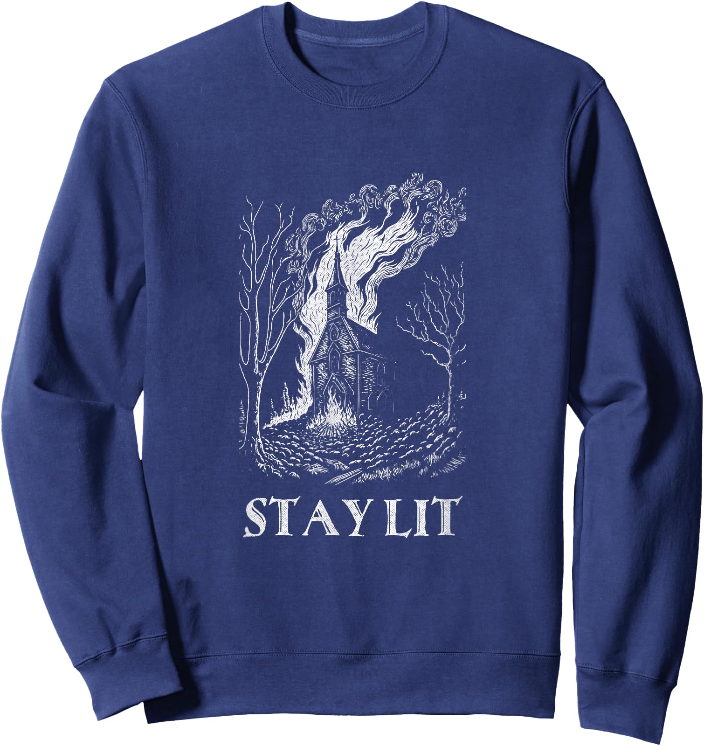 Occult Atheist Burn Church Stay Lit Satan Devil Grunge Sweatshirt - Sweatshirt | Navy