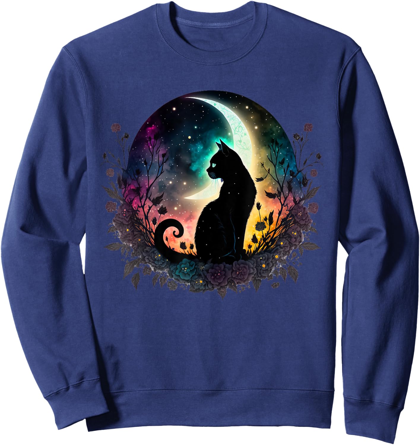 Celestial Cat Moon Botanical Witchy Colorful Spiritual Cats Sweatshirt - Sweatshirt | Navy