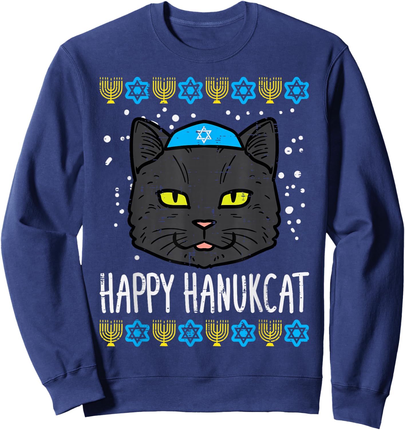 Happy Hanukcat Cat Ugly Hanukkah Chanukah Jew Men Women Kids Sweatshirt - Sweatshirt | Navy