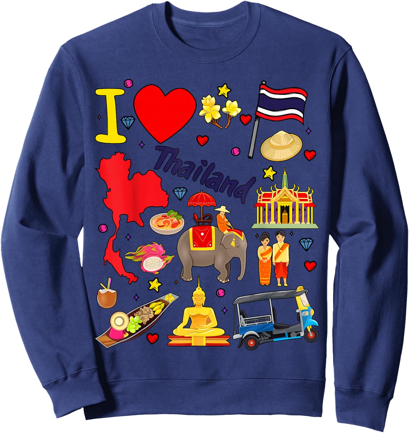 I love Thailand. Hand drawn Thai Landmarks, flag and map Sweatshirt - Sweatshirt | Navy