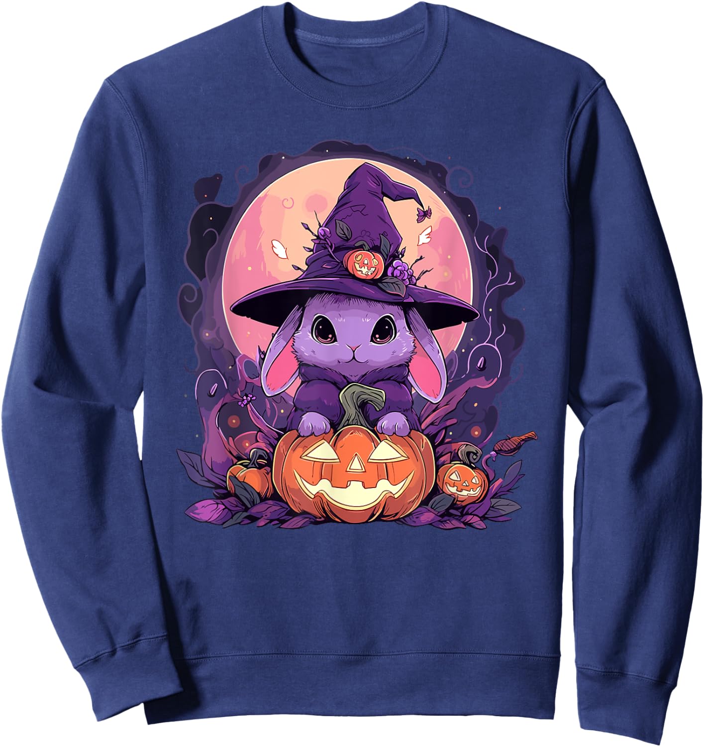 Halloween Cute Bunny Rabbit Witch Hat Jack o Lantern Graphic Sweatshirt - Sweatshirt | Navy