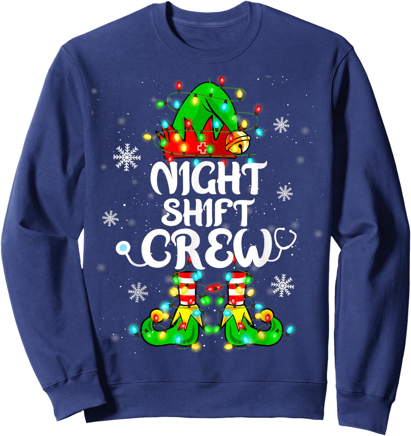 Night Shift Crew Funny Nurse Elf Chrsitmas Lights Cute Xmas Sweatshirt - Sweatshirt | Navy