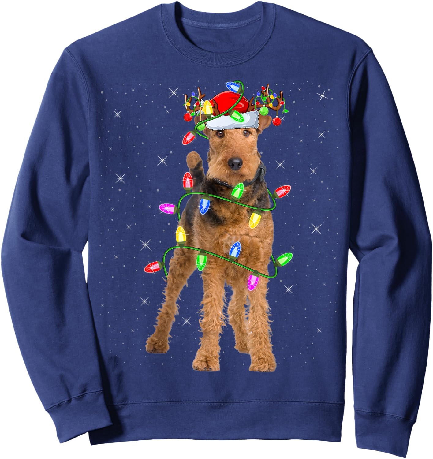 Xmas Holiday Lighting Santa Airedale Terrier Christmas Sweatshirt - Sweatshirt | Navy