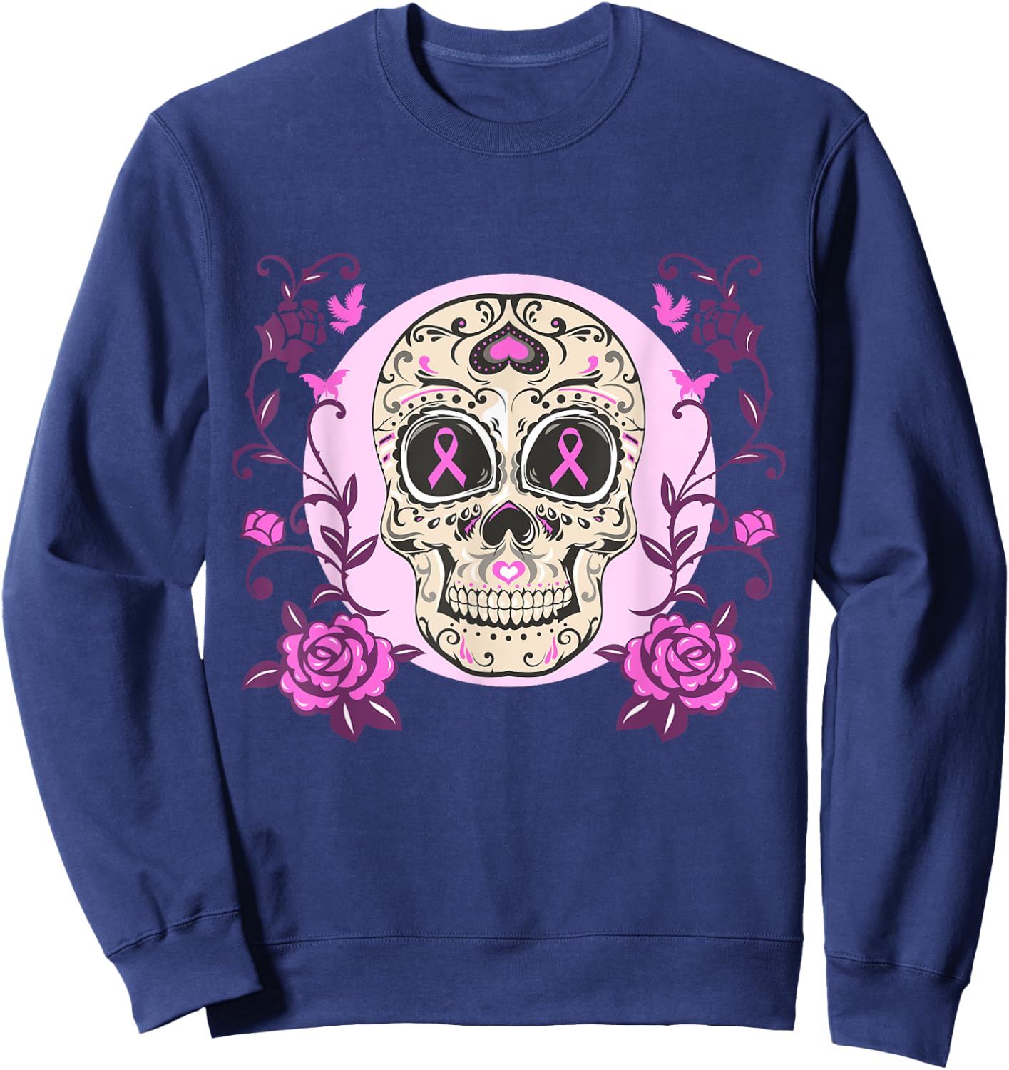 Sugar Skull Pink Ribbon Breast Cancer Awareness Calavera Sweatshirt - Sweatshirt | Navy