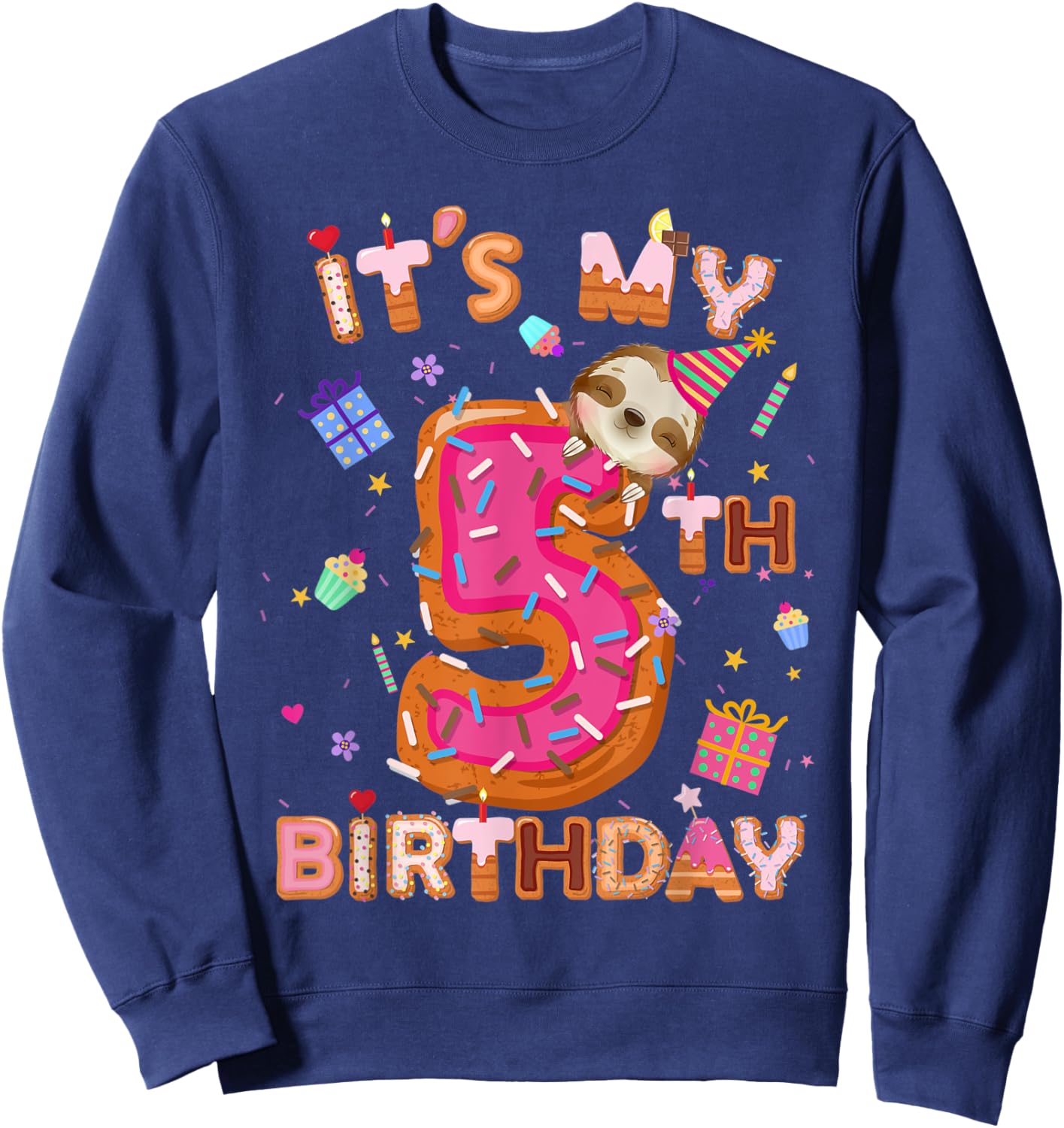 5 Year Old Gifts Boys Girls Teens Donut Sloth 5th Birthday Sweatshirt - Sweatshirt | Navy