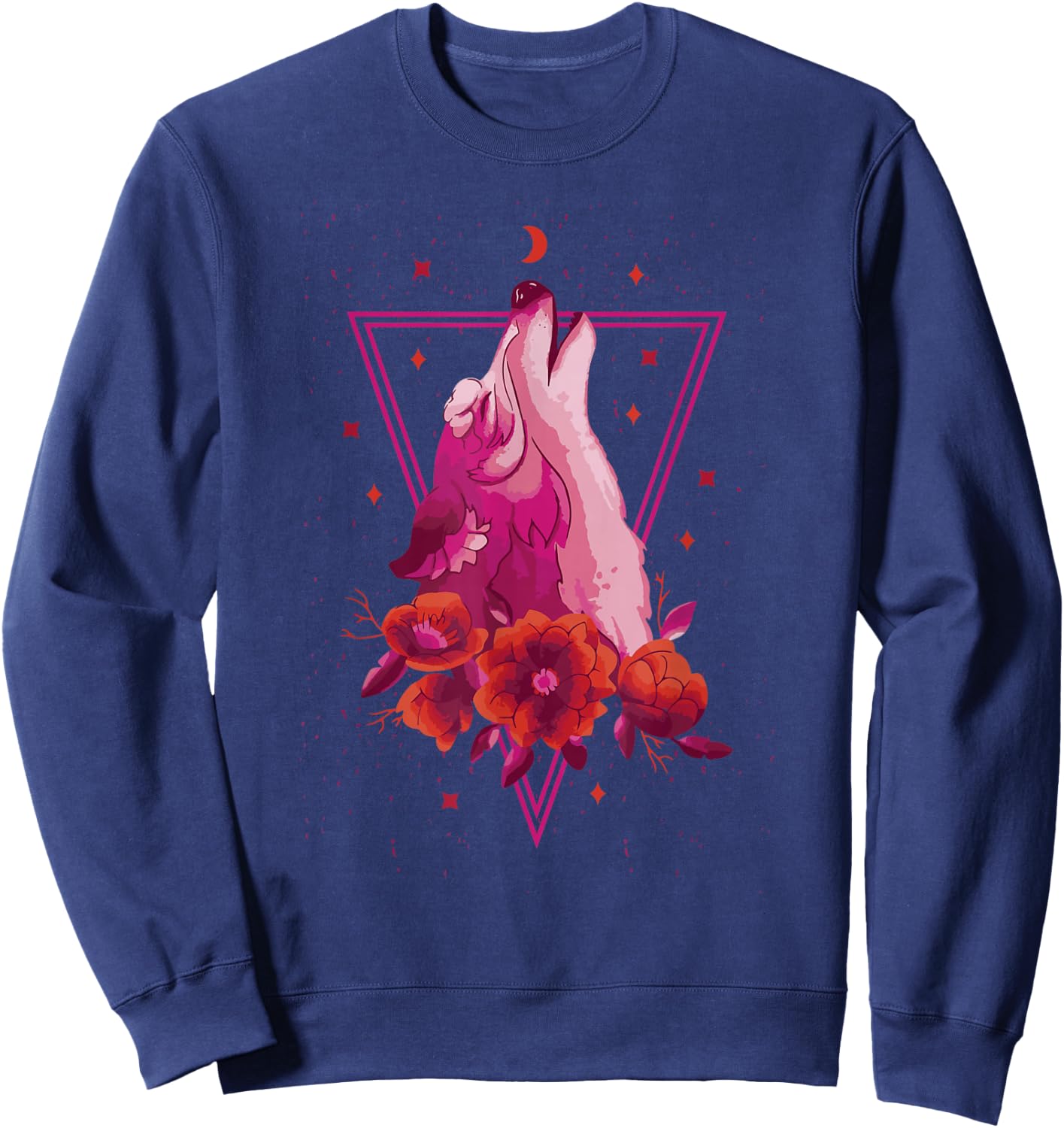 Pink Wolf Howling Vaporwave Floral Roses Stars Crescent Moon Sweatshirt - Sweatshirt | Navy
