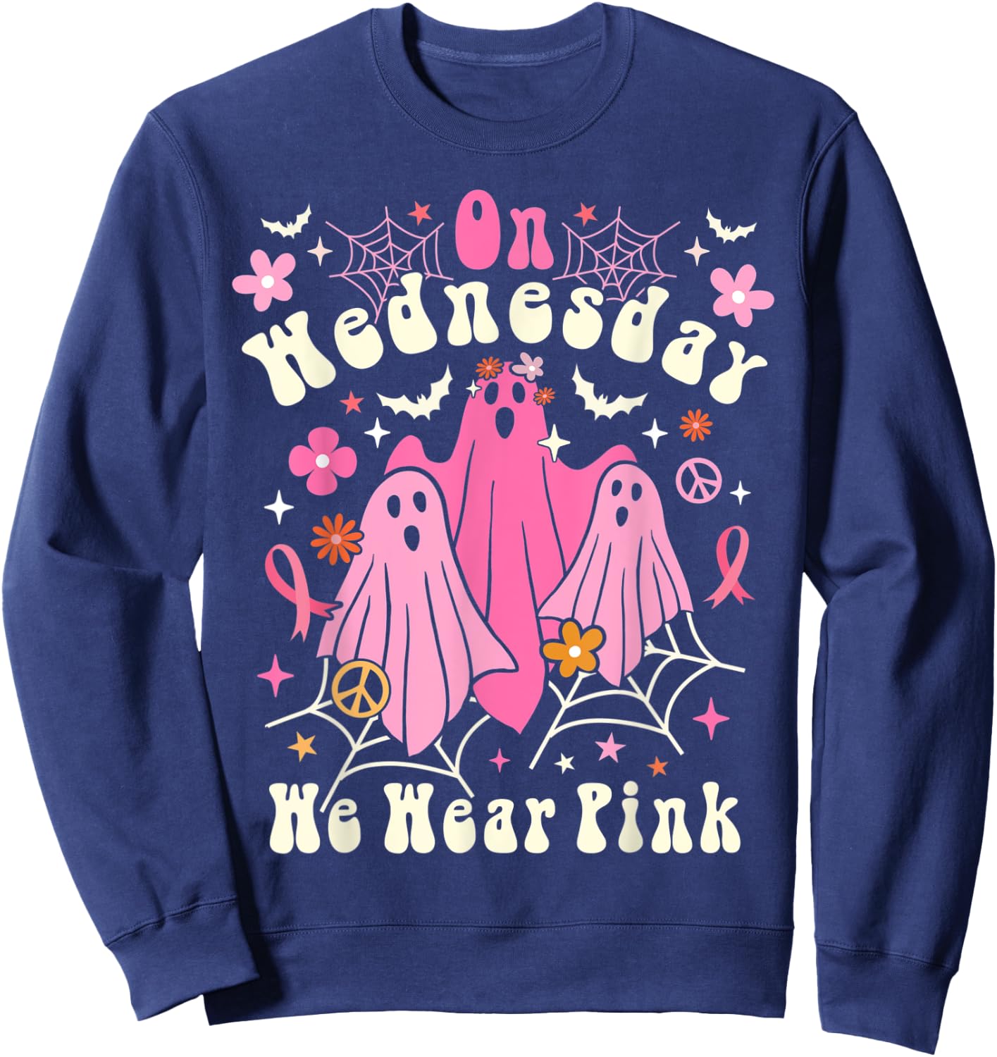 On Wednesday We Wear Pink Ghost Halloween Breast Cancer 2022 Sweatshirt - Sweatshirt | Navy