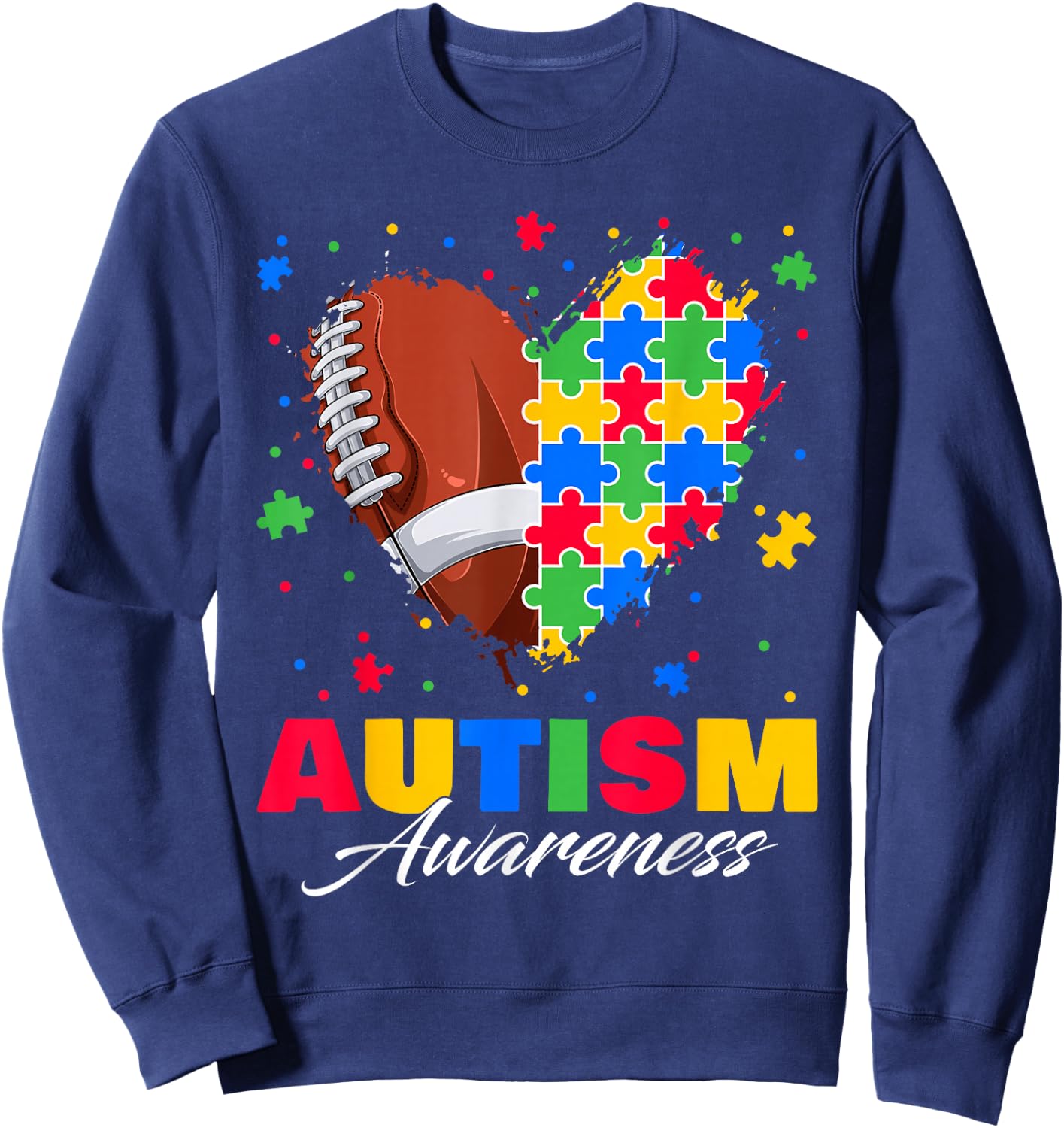 Puzzle Football Ball Heart Autism Awareness Autistic Kids Sweatshirt - Sweatshirt | Navy