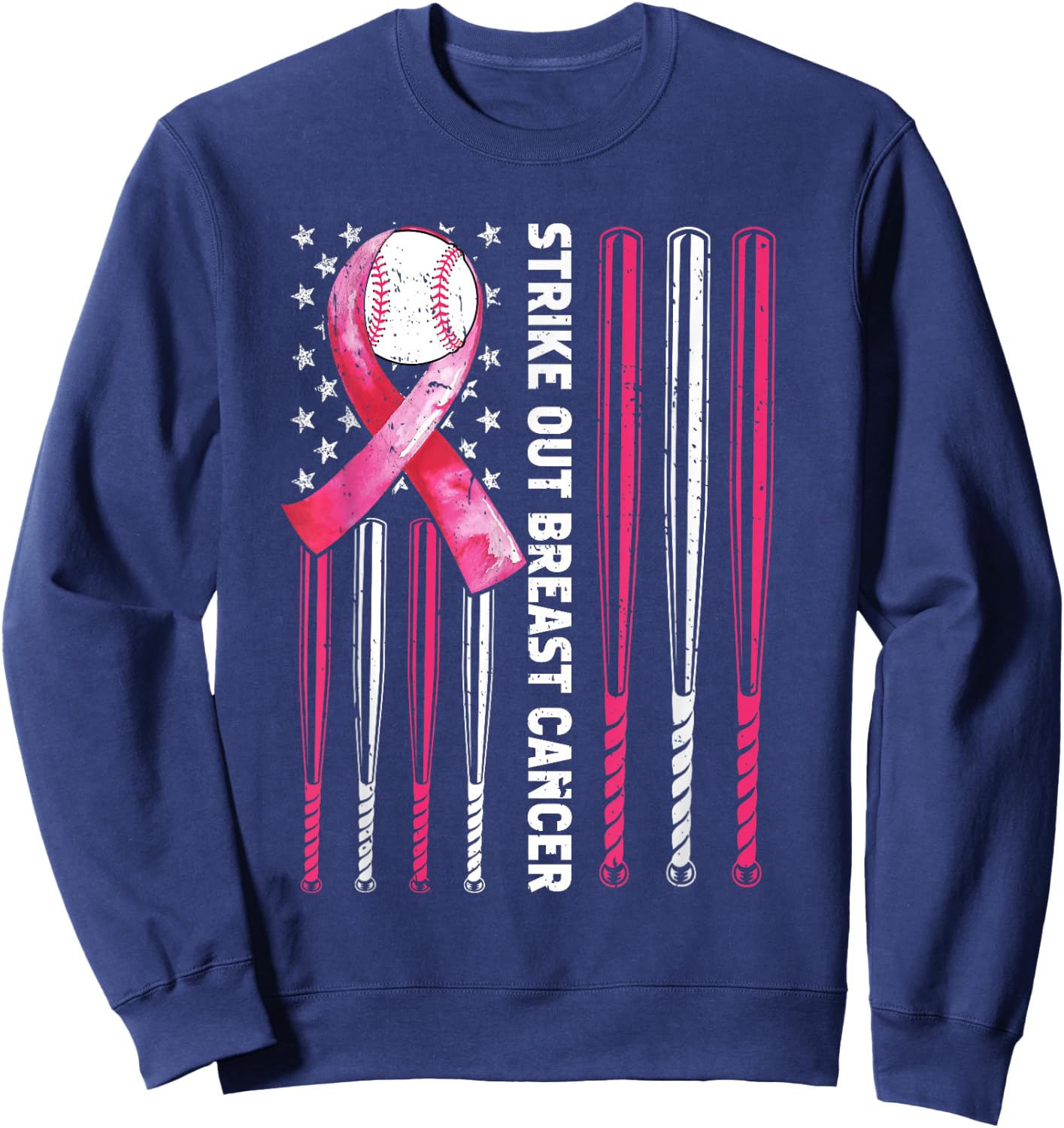Strike Out Breast Cancer Baseball Lover Pink American Flag Sweatshirt - Sweatshirt | Navy