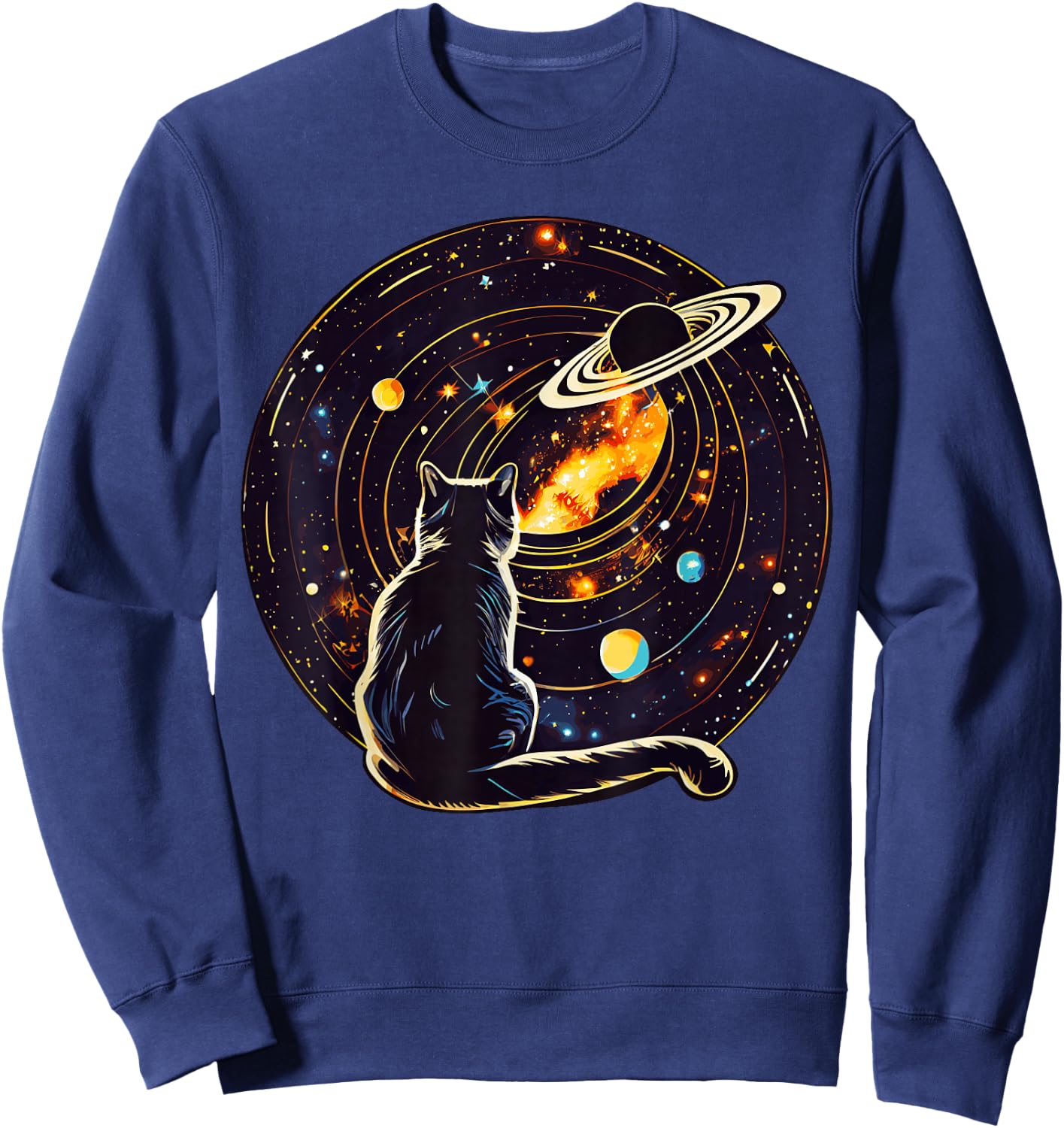 Cat Dad, Lover : Cat Staring at Planet Saturn Sweatshirt - Sweatshirt | Navy