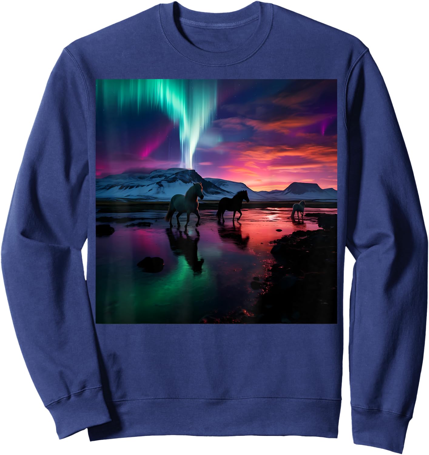 Iceland Northern Lights Aurora Borealis Horse Graphic Design Sweatshirt - Sweatshirt | Navy