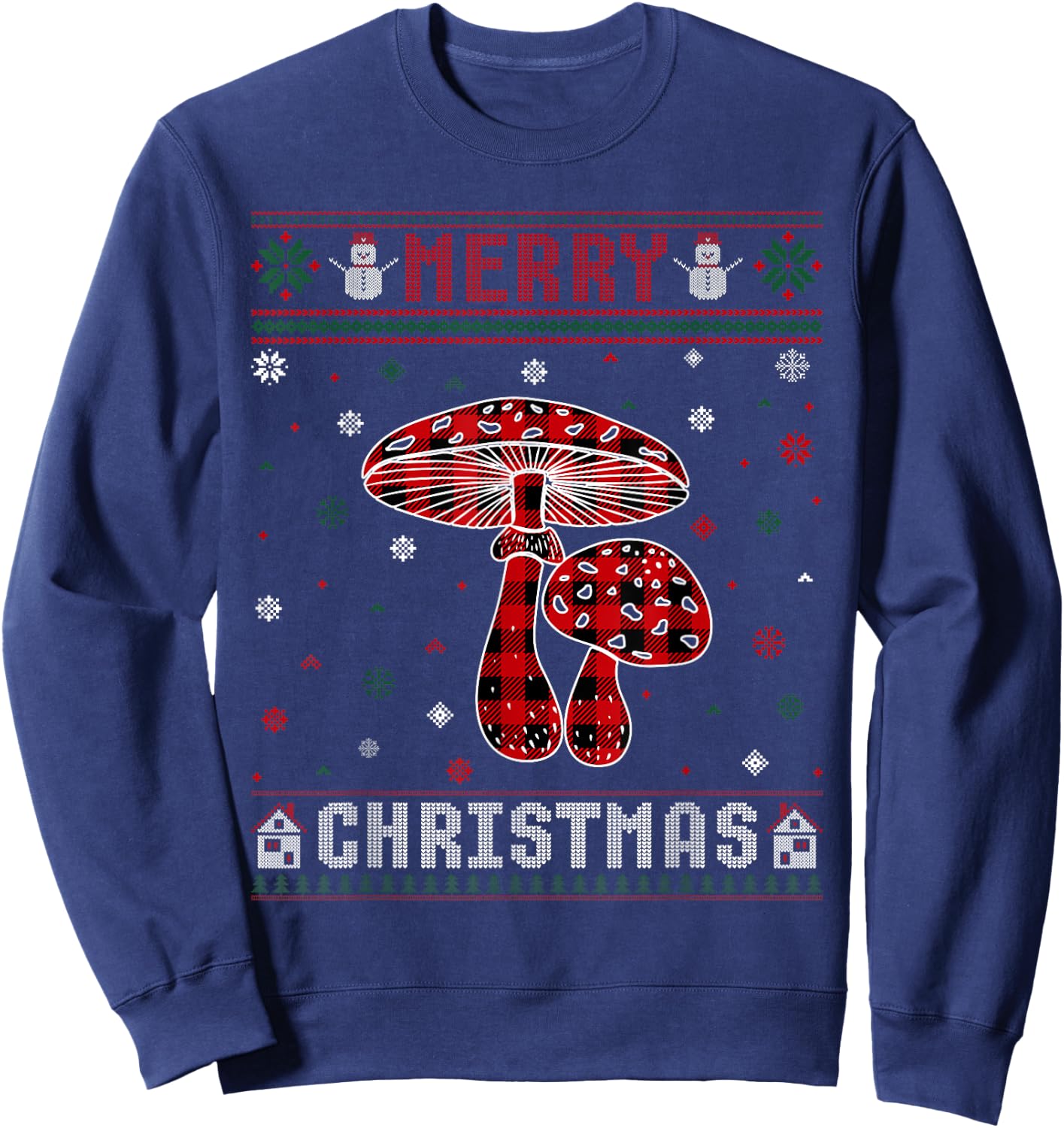 Ugly Christmas Sweater Mushroom Buffalo Plaid Red Xmas Sweatshirt - Sweatshirt | Navy