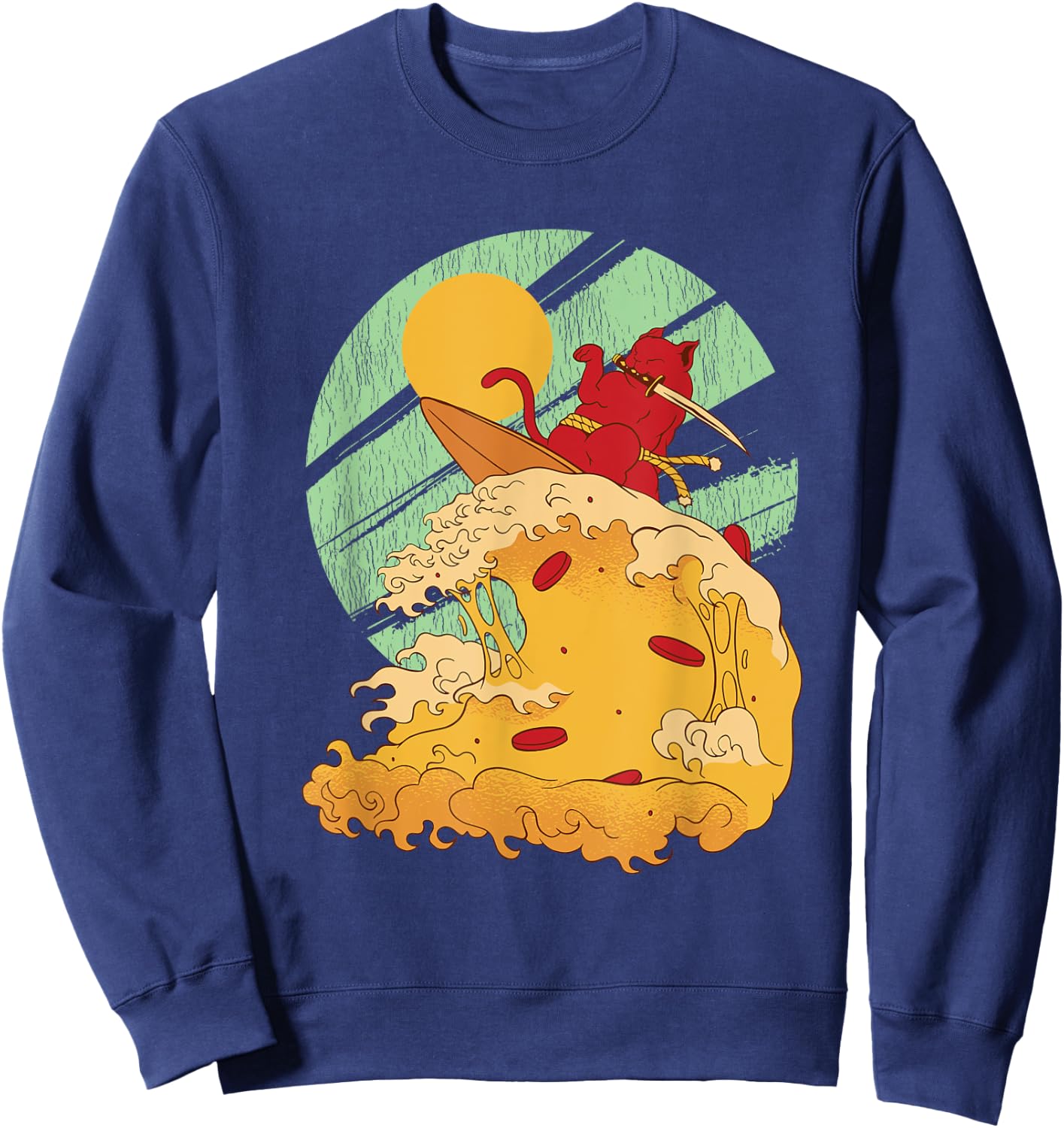 Surfing Japan Samurai Cat Vintage Surf Board Sweatshirt - Sweatshirt | Navy