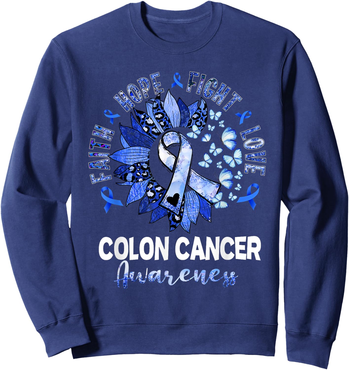 Sunflower Pink Ribbon Flower Leopard Colon Cancer Awareness Sweatshirt - Sweatshirt | Navy