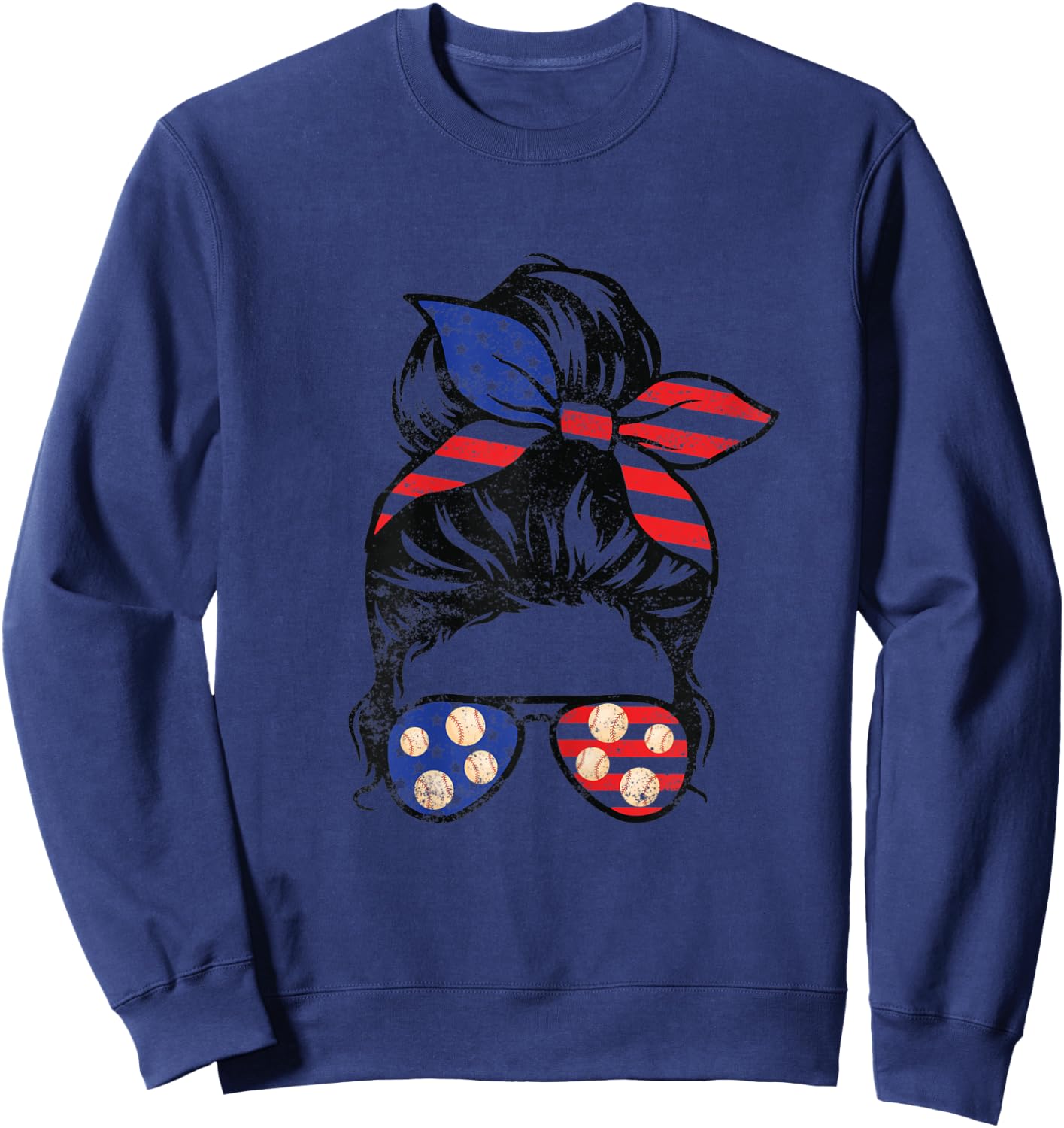 American Flag Baseball Messy Bun Vintage Patriotic 4th July Sweatshirt - Sweatshirt | Navy