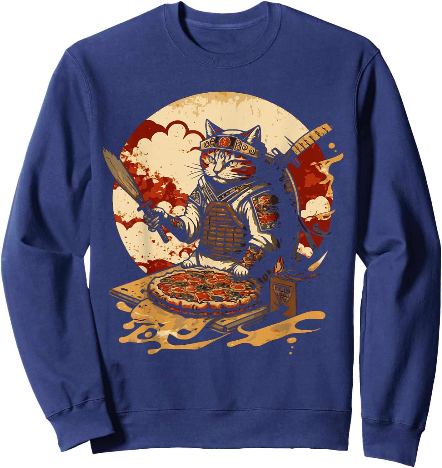 Japanese Sunset Samurai Cat Eat Pizza Anime Ninja Kitten Women Sweatshirt - Sweatshirt | Navy