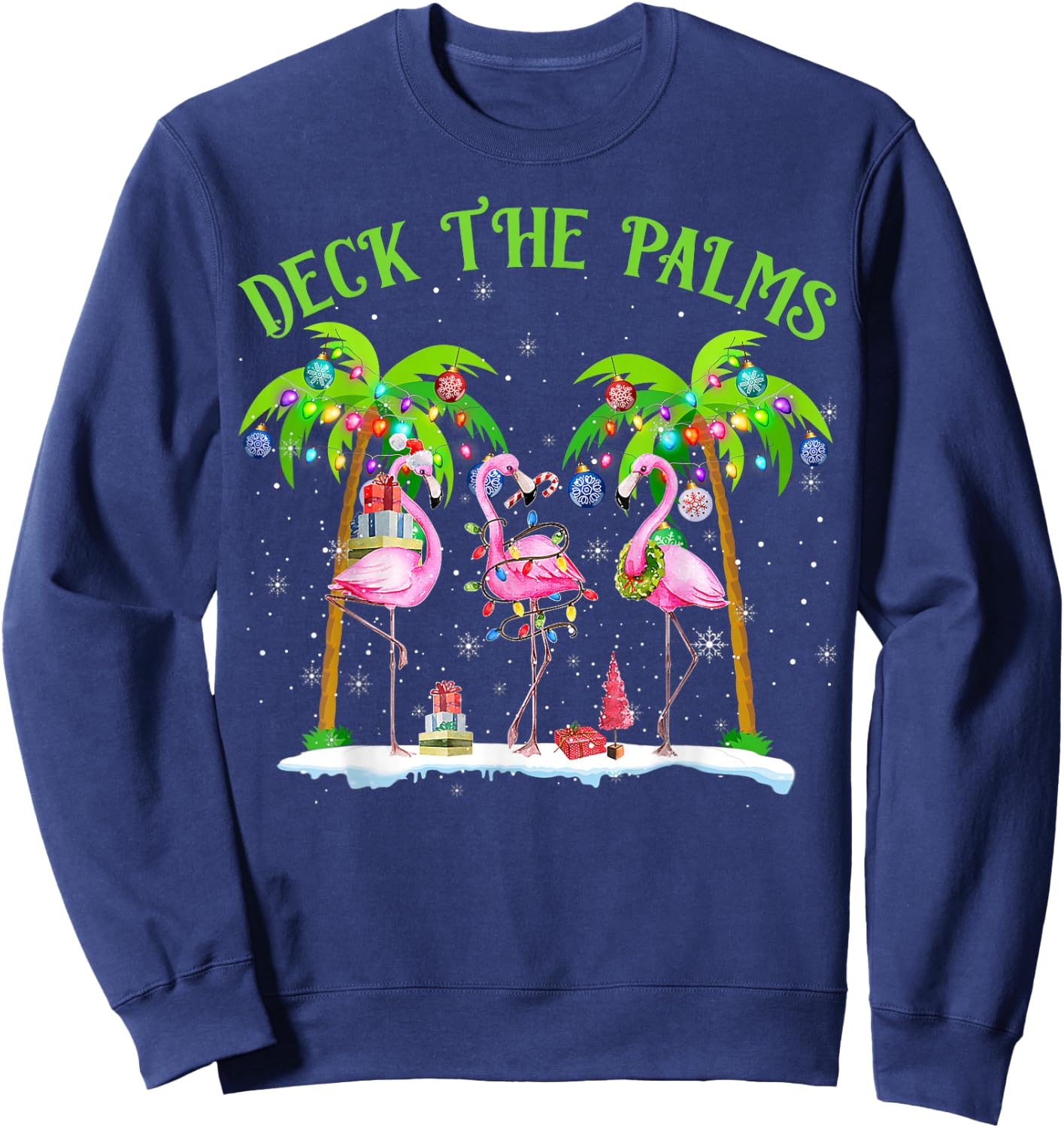 Deck The Palms Flamingo Tropical Christmas Lights Palm Tree Sweatshirt - Sweatshirt | Navy
