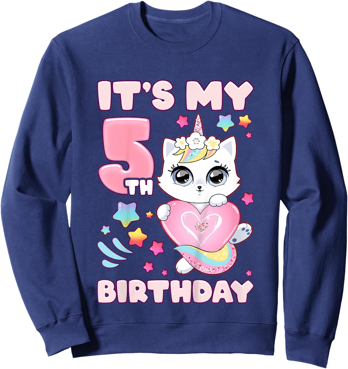 Birthday girl 5 years old, cat, unicorn, 5th birthday Sweatshirt - Sweatshirt | Navy