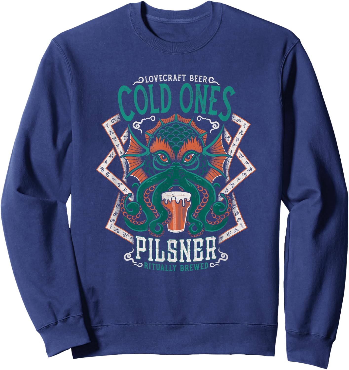 Lovecraft Beer Label - Cthulhu Tattoo - Vintage Distressed Sweatshirt - Sweatshirt | Navy