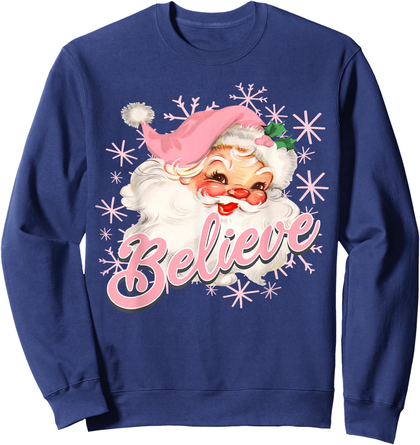 Vintage Pink Santa Claus Believe Christmas Holiday Kids Sweatshirt - Sweatshirt | Navy
