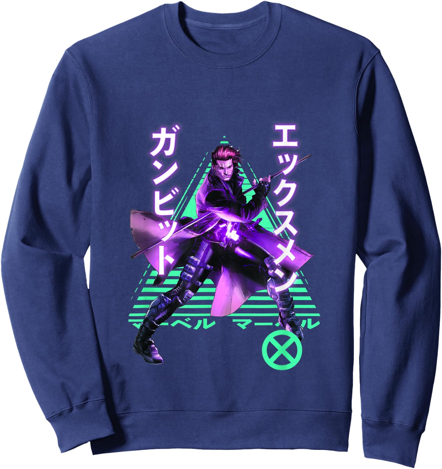 Marvel X-Men Anime Style Gambit Neon Kanji Portrait Sweatshirt - Sweatshirt | Navy