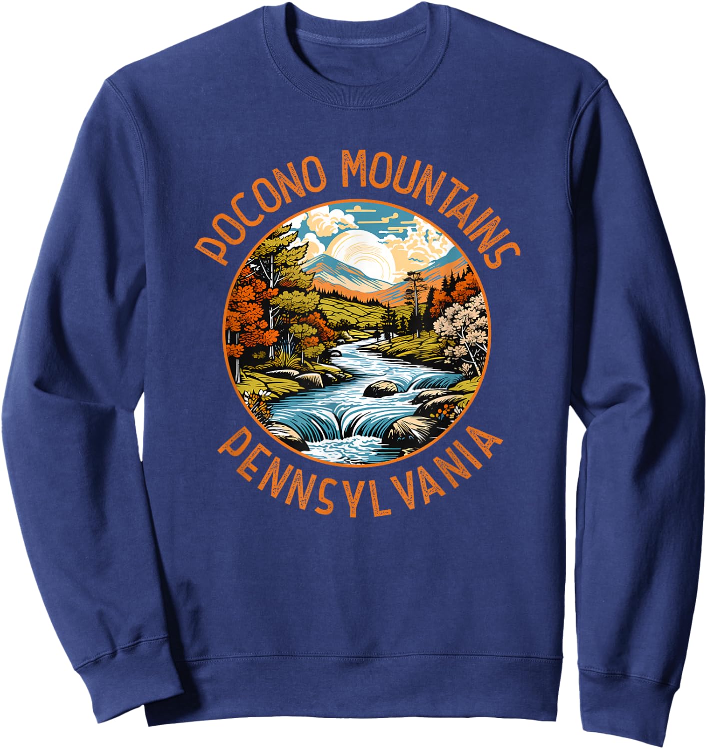 Pocono Mountains Pennsylvania Sunset Retro Distressed Circle Sweatshirt - Sweatshirt | Navy