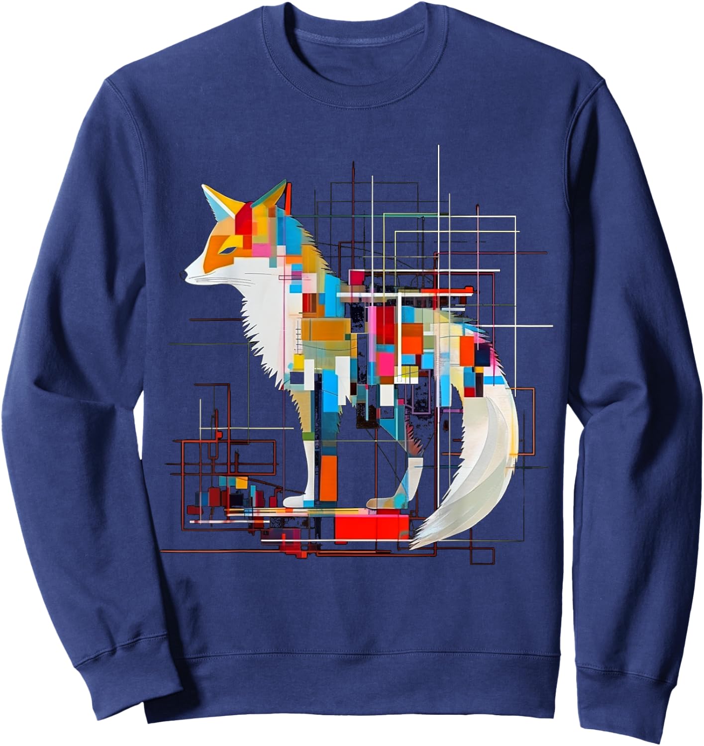 Fox Geometric Artwork Colorful | Animal Motif Fox Sweatshirt - Sweatshirt | Navy